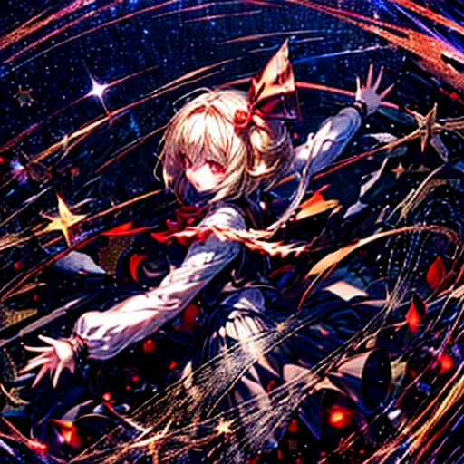 sparkle, star \(symbol\), rumia, rumia, blonde hair, short hair, red eyes, hair ribbon, black vest, white shirt, long sleeves, black skirt, red ascot, spread arms, look back, glowing eyes, darkness, 