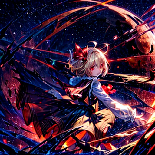 sparkle, star \(symbol\), rumia, rumia, blonde hair, short hair, red eyes, hair ribbon, black vest, white shirt, long sleeves, black skirt, red ascot, spread arms, look back, glowing eyes, darkness, 