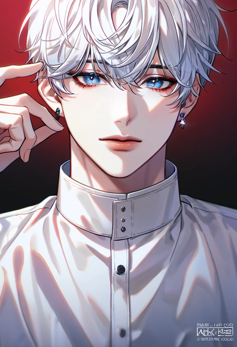 KPOP, absurdres, highres, ultra detailed, HDR, master piece, best quality, extremely detailed face, delicated features, Jaehwan , White hair, short hair, no fringe, without bangs, handsome hair, cool blue eyes, The World After The Fall, Alone, Sensual, Young face, black and red Vampire style, cold, Transparent, black, Boyfriend, Pierce, earring, KPOP boy, Draw a large background, anime, KPOP model, KPOP background, Draw a large background, 4K, High image quality, Korean makeup, Upper body photography, cool Model pose