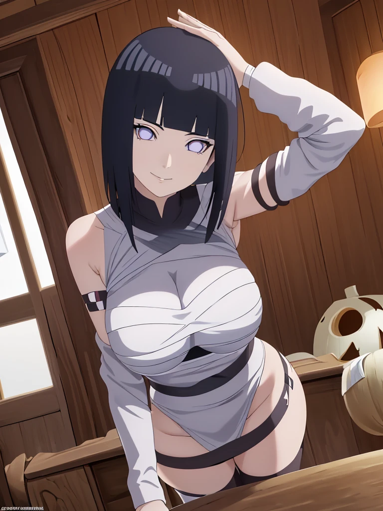  masterpiece , high resolution, busty hinata," anime-style illustration ,  of a young woman with long, dark hair , bright black ,  and luminous violet eyes .  Her expression is friendly and attractive ,  with a slight smile and direct look .  The woman wears a mummy costume made of white bandages that cover her body in a sensual way ,  leaving strategic parts ,  uncovered, especially in the abdomen and legs .  The bandages also wrap around her head and arms ,  scene with some locks of hair falling over her shoulders .  She is in a Halloween night environment in a forest with dark trees and a bright full moon in the background,  which provides a mysterious air .  Around her are pumpkins carved with expressions of smile ,  internally illuminated ,  that create a contrast of warm light on the woman's skin .  The image has a detailed and brilliant style ,  with an emphasis on light reflections on the skin ,  achieving a smooth, polished effect throughout the .  The 'ArtiseKai' logo is visible in the lower right corner ."

