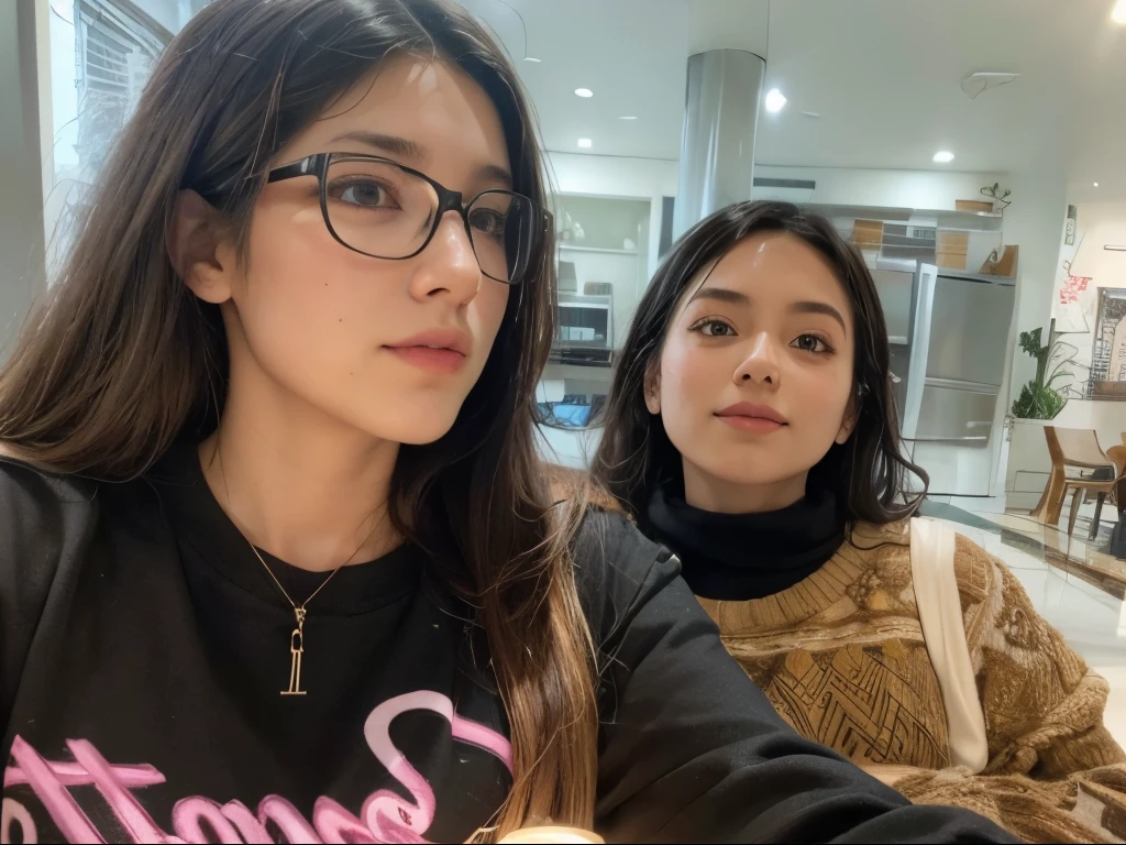 There are two women who are taking a selfie together, candid photo, in a mall, in a mall, very low quality photo, profile picture, profile picture, at night, bokeh in the background only, in the museum, selfie!!!, selfie photo, with wet faces!, very silly look, profile picture, 8k selfie photograph. Realistic style --auto