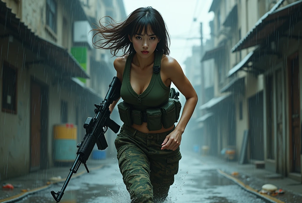  very beautiful Japanese woman with a uniform , Run like a squirt:1.331, Perfect composition, Proper placement, Golden Ratio,  assault rifle on slum street, camo tank top ,  camouflage cargo pants ,  she's all drenched :1.331, Concentrated heavy rain, Guerrilla rainstorm, Large typhoons, thunderstorm, far thunder, Dark outdoors,  anatomically correct proportions  :1.331,  has a small head :1.331, Slender body:1.331,  thin waist:1.331, Thin limbs:1.331,   flat chest:1.331,Female soldier with , I can see her belly button , Brown Hair,  BOB CUT HAIR:1.21, Symmetrical eyes, very fine and clear eyes ,  Beautiful Hair Fluttering in the Wind , Movie Lighting, 