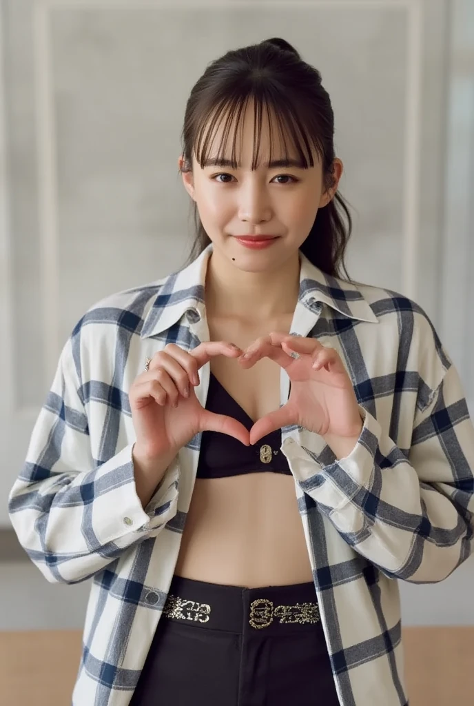 She is in a pose wearing a sexy camisole, making a firm big heart shape with both hands, and holding it in front of her chest, Cute smile up、Monotone background

