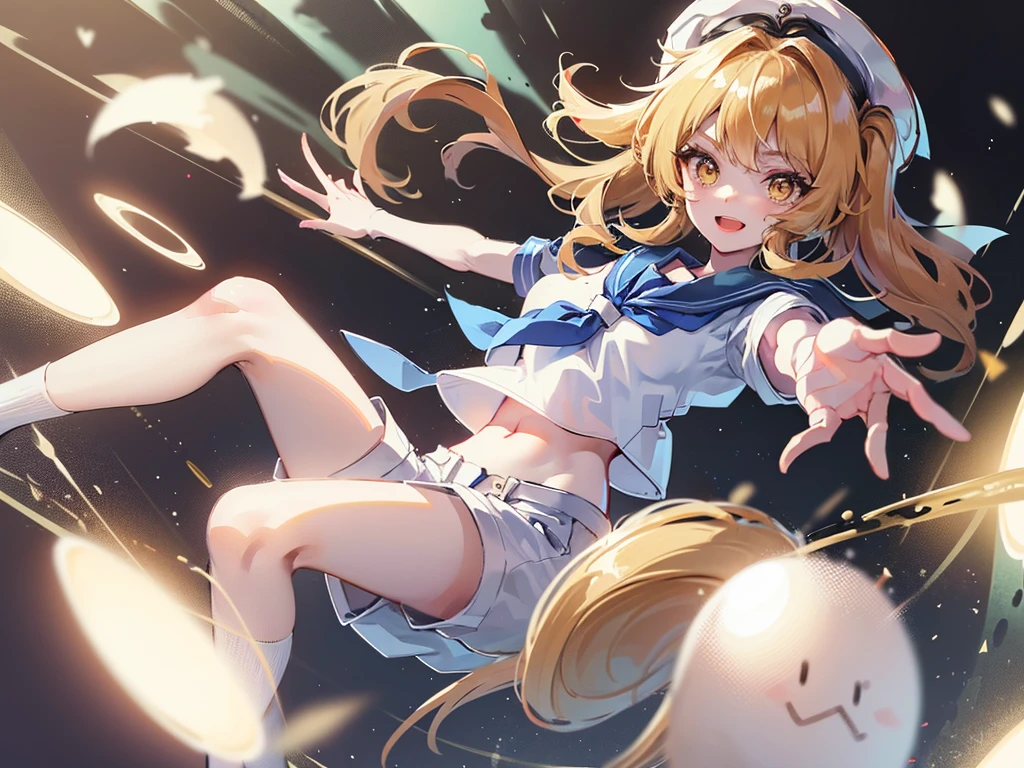 Twin-tailed golden-haired girl in sailor suit, Visible navel, Wear a hat and pants.a drawing of an anime character, clean line drawings, ultra cute girl, ultra cute face, ultra detailed eyes, ultra detailed hair, ultra cute, ultra beautiful, ((high end)), (UHD picture), (best quality,4k,8k,highres,masterpiece:1.2), top-quality(​masterpiece), top-quality, ultra-detailed, highly detailed texture, intricate details, high quality textures, masterpiece, best quality, perfect quality, perfect anatomy, perfect body, perfect symmetrical face, perfect hands, perfect feet, (two arms:1.2), (two legs:1.2), (five fingers each:1.2), (perfect joint:1.2), perfect joint movement, precise fingers and hands, 1 beautiful girl, 1 girl, alone, solo, , , ((())), ((ish)), (Best Quality, hight resolution), extremely detailed and lifelike, Vibrant colors, simple background, white socks, blonde hair, hat, blue sailor collar, twintails, sailor collar, sailor hat, yellow eyes, marine costume, short sleeves, shirt, blue neckerchief, white headwear, sailor, white shirt, white shorts, neckerchief, smile, Chiyuri