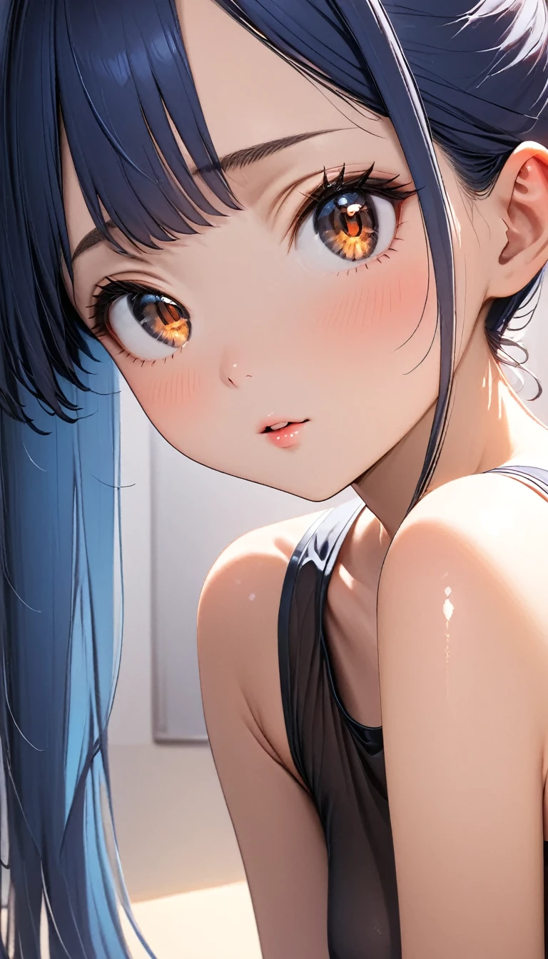 ((masterpiece,Best Quality:1.3,best quality illustrations)),portrait,cowboy shot,1woman,young adult,(ponytail),straight long hair,blue hair,(very small head:1.2),bangs,gorgeous eyes,brown eyes,blush,(very long body),small breasts,(dark blue Tank dress,white_thighhighs),slender body,toned body,shiny skin,Simple desk、classroom、Tokyo、