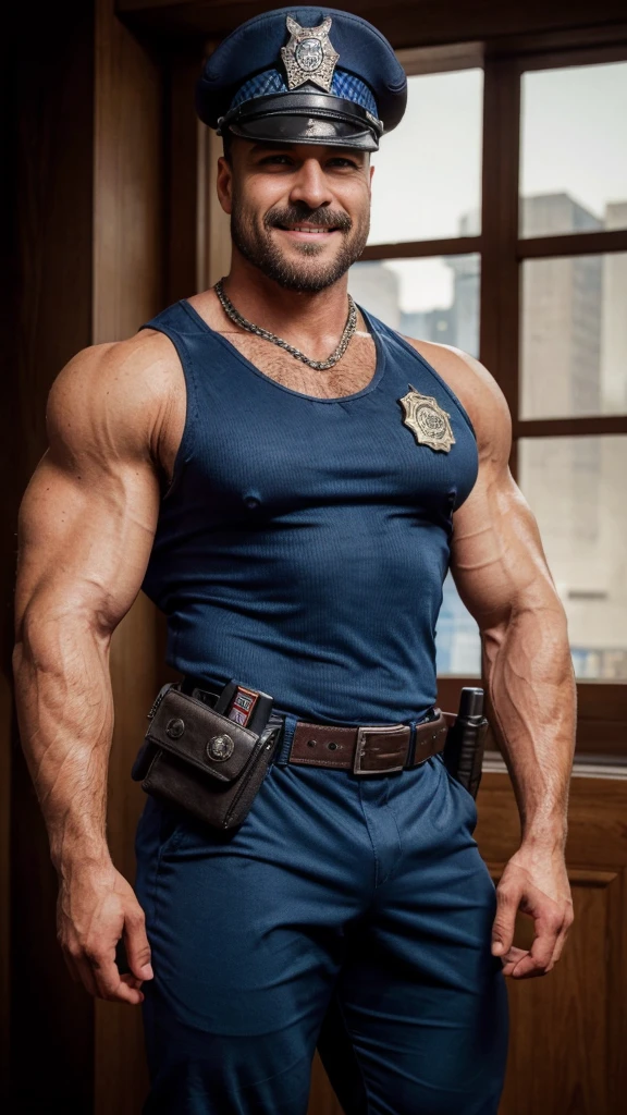 photography, best quality, high resolution, male focus, a 47yo cop workin wearing a police uniform, police holster belt and gun, police holster left thigh, shine skin, bulletproof vest, slim waist, nice thighs, large muscular chest wearing tight cop ripped and holey tank-top, day light, wide shoulders, slim commom shape, very virile, solo, wavy medium messy hair style, mustache, atractive large lips smile, roman wide nose, cozy uniform, front view, HDR, ultra quality, imponent pose, highly detailed face.