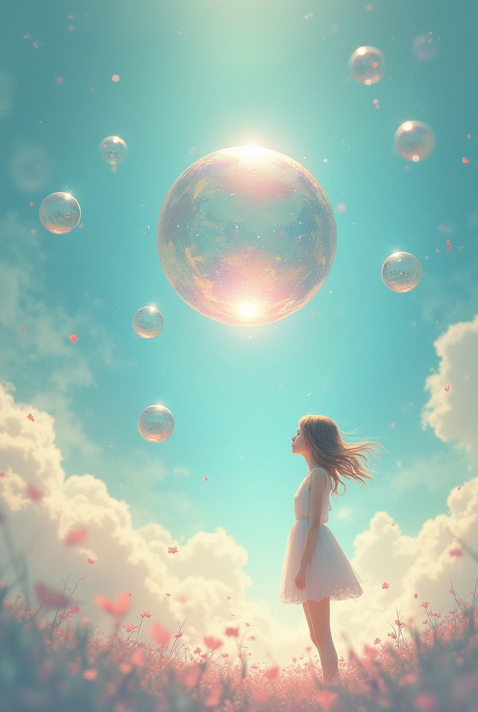 1girl , soft color,  texture affects image, texture is A whimsical scene of a floating, iridescent sphere surrounded by sparkling bubbles against an ethereal sky backdrop