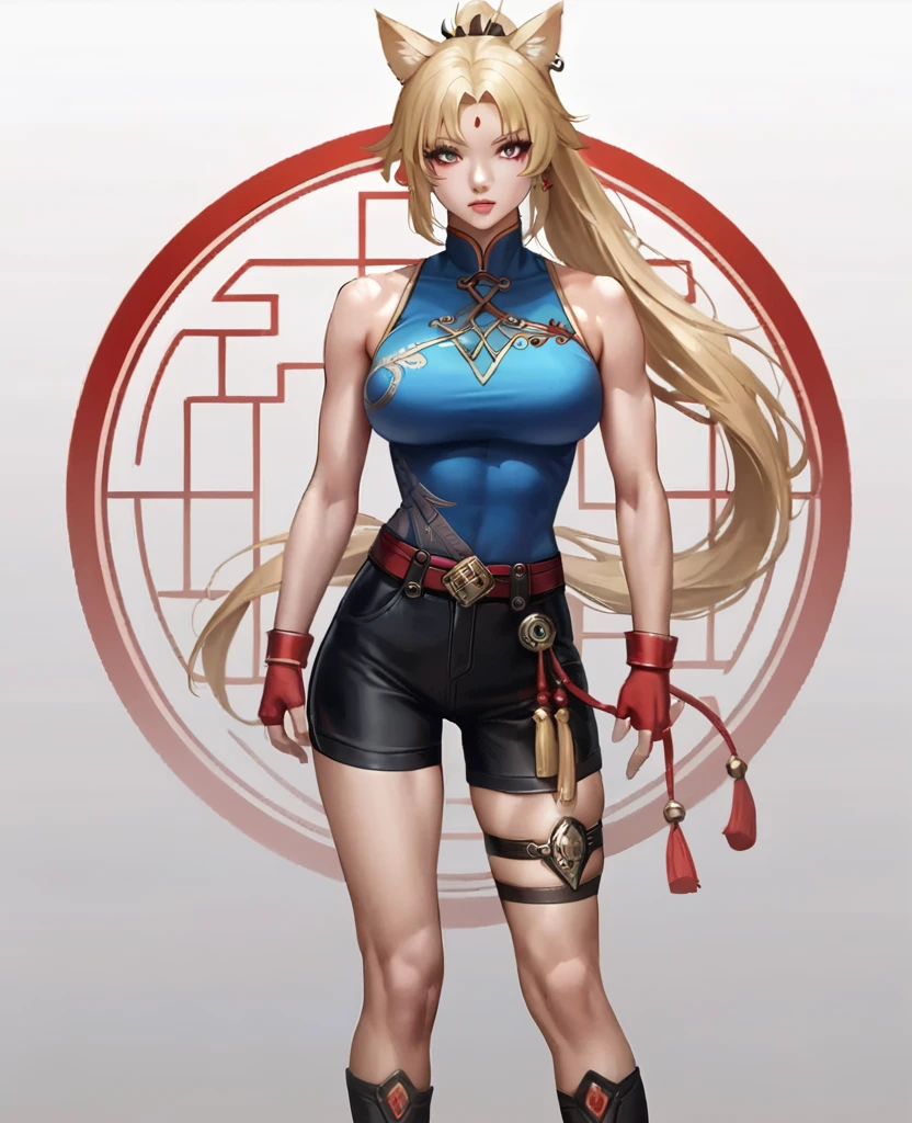 a beautiful anime girl, detailed face, blonde hair, blueSolo,1woman,view from front,  SH_HSR_Feixiao,25 yo extremely muscular woman, flawless perfectly trained body, zero body fat, mighty and hypermuscular professional female bodybuilder, dominant woman, great muscle definition,  FeiDefault, animal ears, long hair, ponytail, multicolored hair, white hair, red eyeliner, ringed eyes, forehead mark, ear piercing, tassel hair ornament, tassel earring, sleeveless shirt, print shirt, brooch, blue shirt, chinese clothes, high collar, bare arms, red gloves, fingerless gloves, white belt, waist cape, black shorts, thigh strap, knee boots eyes, long flowing hair, white background, realistic full body portrait, extremely detailed, high quality, cinematic lighting, photorealistic, hyper detailed, detailed facial features, detailed eyes, oversize t-shirt,shorts, detailed lips, detailed nose, long eyelashes, flawless skin, large breasts, delicate features, elegant pose, dramatic lighting, vibrant colors, intricate details, masterpiece, (best quality,4k,8k,highres,masterpiece:1.2),ultra-detailed,(realistic,photorealistic,photo-realistic:1.37)