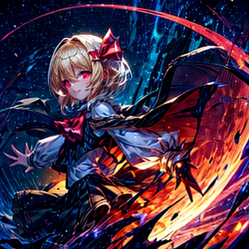 sparkle, star \(symbol\), rumia, rumia, blonde hair, short hair, red eyes, hair ribbon, black vest, white shirt, long sleeves, black skirt, red ascot, spread arms, look back, glowing eyes, darkness, five fingers, evil smile, bioluminescence, blue glow, cyan glow, green glow, red glow, monster girl, monster girl encyclopedia, 