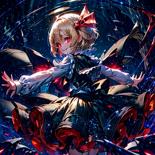 sparkle, star \(symbol\), rumia, rumia, blonde hair, short hair, red eyes, hair ribbon, black vest, white shirt, long sleeves, black skirt, red ascot, spread arms, look back, glowing eyes, darkness, five fingers, evil smile, bioluminescence, blue glow, cyan glow, green glow, red glow, monster girl, monster girl encyclopedia, 