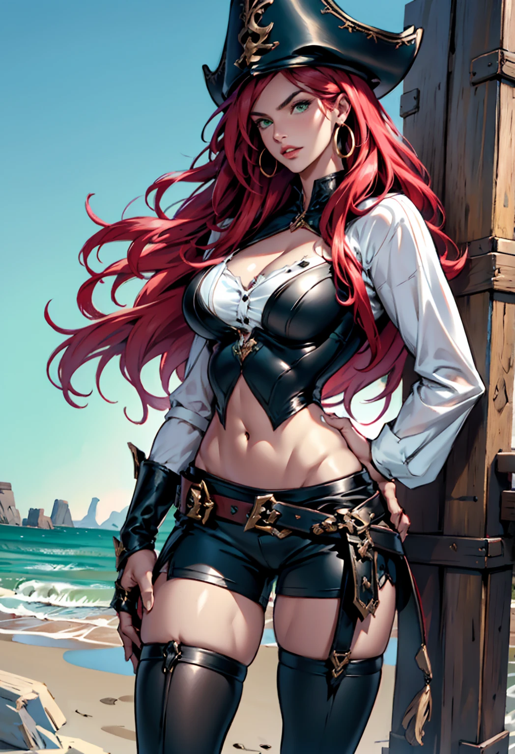 photorealistic, high resolution, 1women, shining skin,, pink lips, Miss Fortune from League of Legends, pirate woman with athletic body,(intimidating posing), pale skin, freckled skin, red hair, wavy hairstyle, green eyes, hourglass figure, muscular body, large breasts,, (Simon Bisley's urban savage style for the cover of Heavy Metal magazine), pirate's hat, perfect hands:1.59, white front lace blouse, long sleeve, loose fit, brown leather corset, brown leather shorts, brown boots, sheathed cutlass sword, flintlock pistol in holster, hoop earrings,, cute face, long hair, pink hair, hat, ((slim girl, large breasts, hyperdetailed lips)), red lips, (thigh highs, shorts, boots, green eyes), navel, midriff, complex detailed background, barren land, rocks, ocean, nature environment, pirate ship,(perfect hands:1.5)