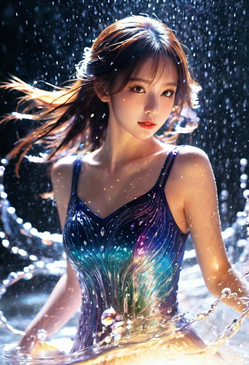 Dancing water columns of a fountain、A rainbow of sparkling light shines from the bottom of the water.,Beautiful rainbow-colored lights and various combinations of water columns,Water droplets are rainbow,Colorful spotlight effects,Create unique patterns，A cute, beautiful girl with long hair is looking back at the foreground:1.5,Sheer one-piece frilled swimsuit,Her long hair sparkles and sways in the light.,Create a colorful scene，Detailed fantasy digital art，Highly detailed digital art in 4K，fantasy art action、High-quality images、Great shots:1.5,