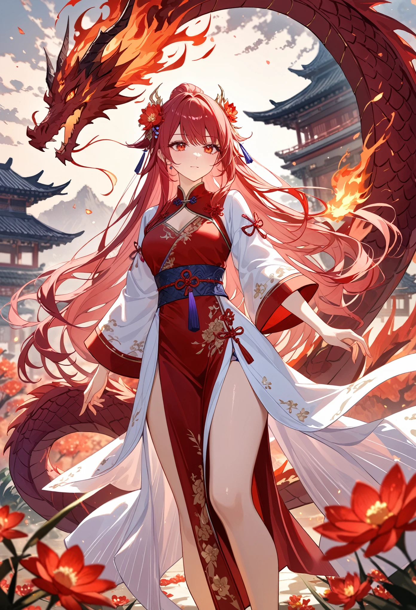 1girl, long wavy hair, pose to action_confidently, the other foot lifted off the ground, traditional Chinese attire with intricate embroidery, fiery eyes burning bright, misty surroundings,pink and peach tones, dynamic brushstrokes, soft focus, subtlety,shading,mystery,(detailed dragon:1,3),(beautiful girl),wonder, delicate crimson flowers,xeal,(abstract:0.5),(detailed img),(masterpiece:1.3),style_ethereal_fantasy, visual appealing, synced