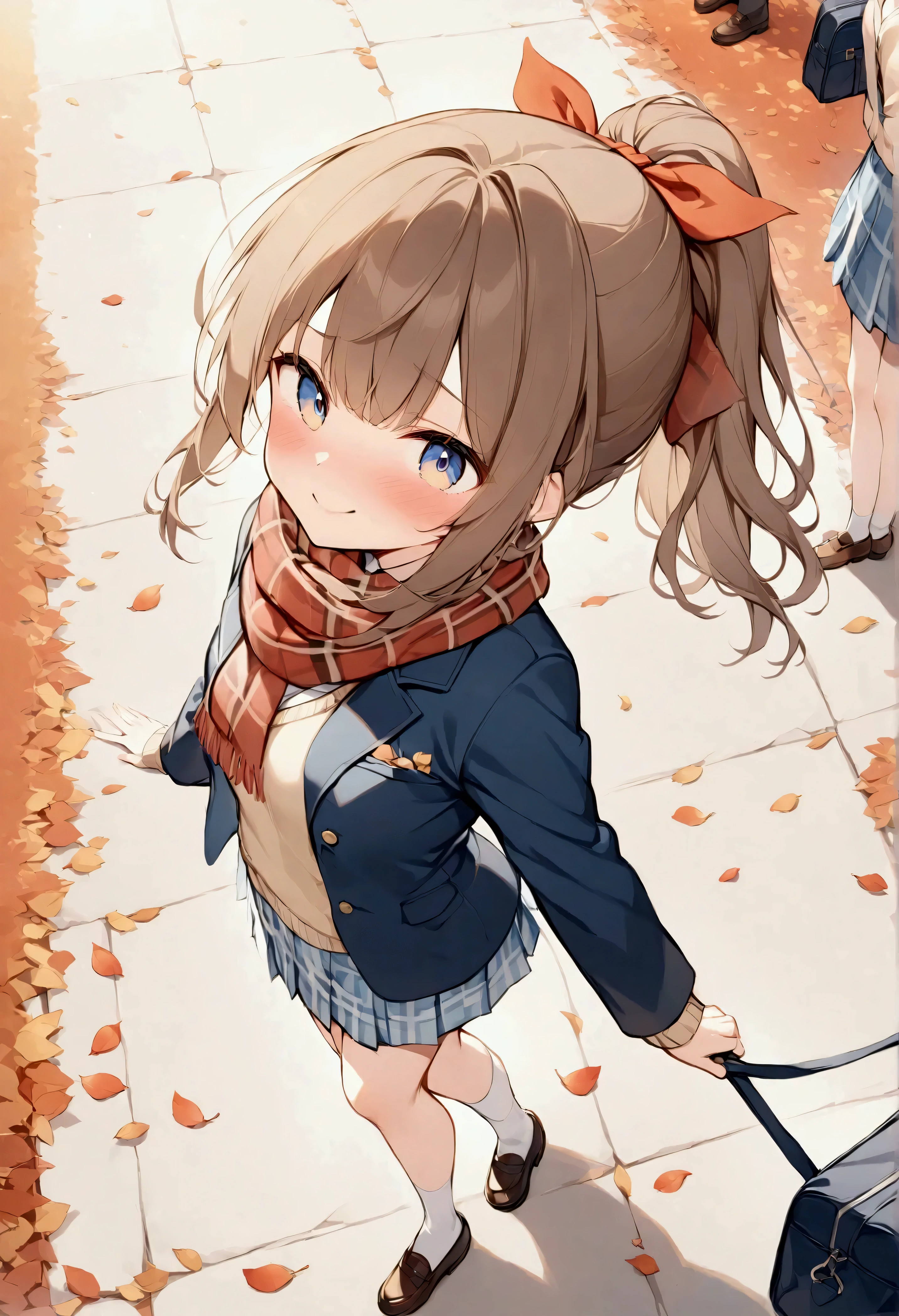 (masterpiece),( Best Quality ), staring at the viewer , Floral Footprints Petals , cute,Brown Hair, ponytail,(Small breasts), Navy Blue Coat , red ribbon, on a Light Blue Gingham Check Mini Skirt 、 Light Blue Gingham Check Mini Skirt , Burberry Check Scarf , One school bag hanging from the shoulder , brown loafers , Embarrassed Expression , Open Mouth Smile , Hands Left and Right , spread arms, { View from above }, rear view of posture, Beautiful Woman's Back , ( wavy hair in front of the station:0.8),{Asahi| cowboy shot}, {School route| outdoor }, { morning glow|School scene}, {school bag|cuteウサギのアクセサリー}, {Laughter and conversation | Embarrassed Expression }, amazingly slim, autumn, fallen leaves, detailed background , Light tones, whole body, (The charm of youth)