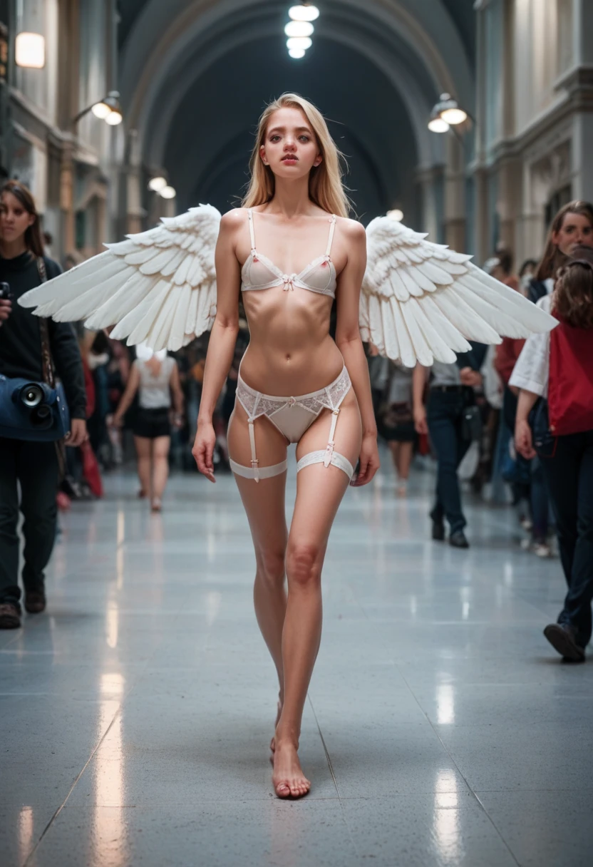 blonde ángel, tiny saggy breasts, thin body, tall girl, White wings,  wearing victoria's secrets lingerie, walking down a fashion catwalk, public and journalists, camera flash