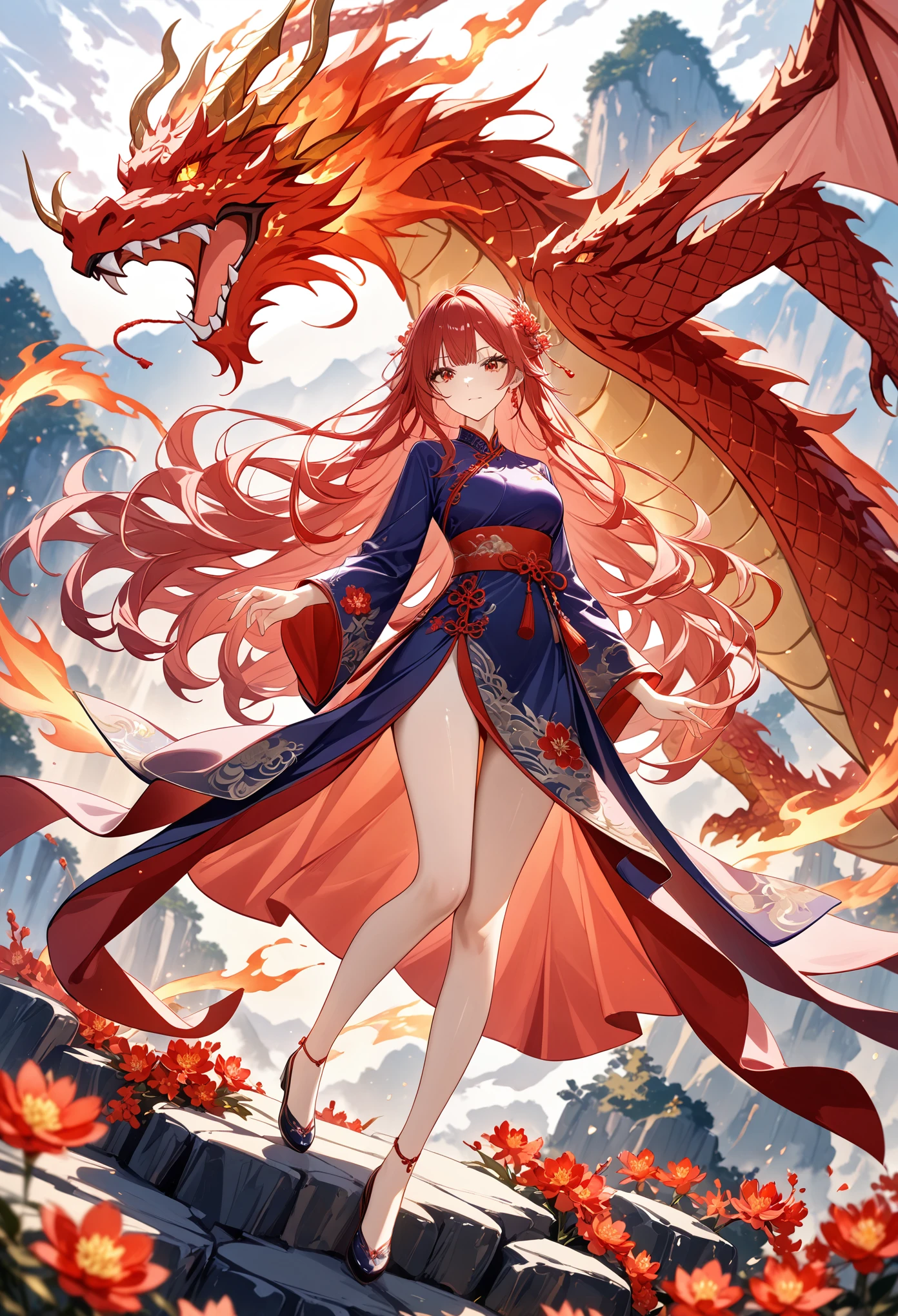 1girl, long wavy hair, pose to action_confidently, the other foot lifted off the ground, traditional Chinese attire with intricate embroidery, fiery eyes burning bright, misty surroundings,pink and peach tones, dynamic brushstrokes, soft focus, subtlety,shading,mystery,(detailed dragon:1,3),(beautiful girl),wonder, delicate crimson flowers,xeal,(abstract:0.5),(detailed img),(masterpiece:1.3),style_ethereal_fantasy, visual appealing, synced