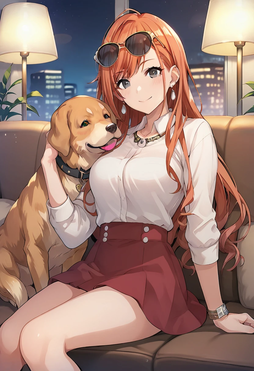 score_9, score_8_up, score_7_up, source_anime, arisugawa natsuha, long hair, orange hair, grey eyes, 1girl, couch, jewelry, eyewear on head, skirt, earrings, dog, sunglasses, night, smile, blush, looking at viewer, on couch, red skirt