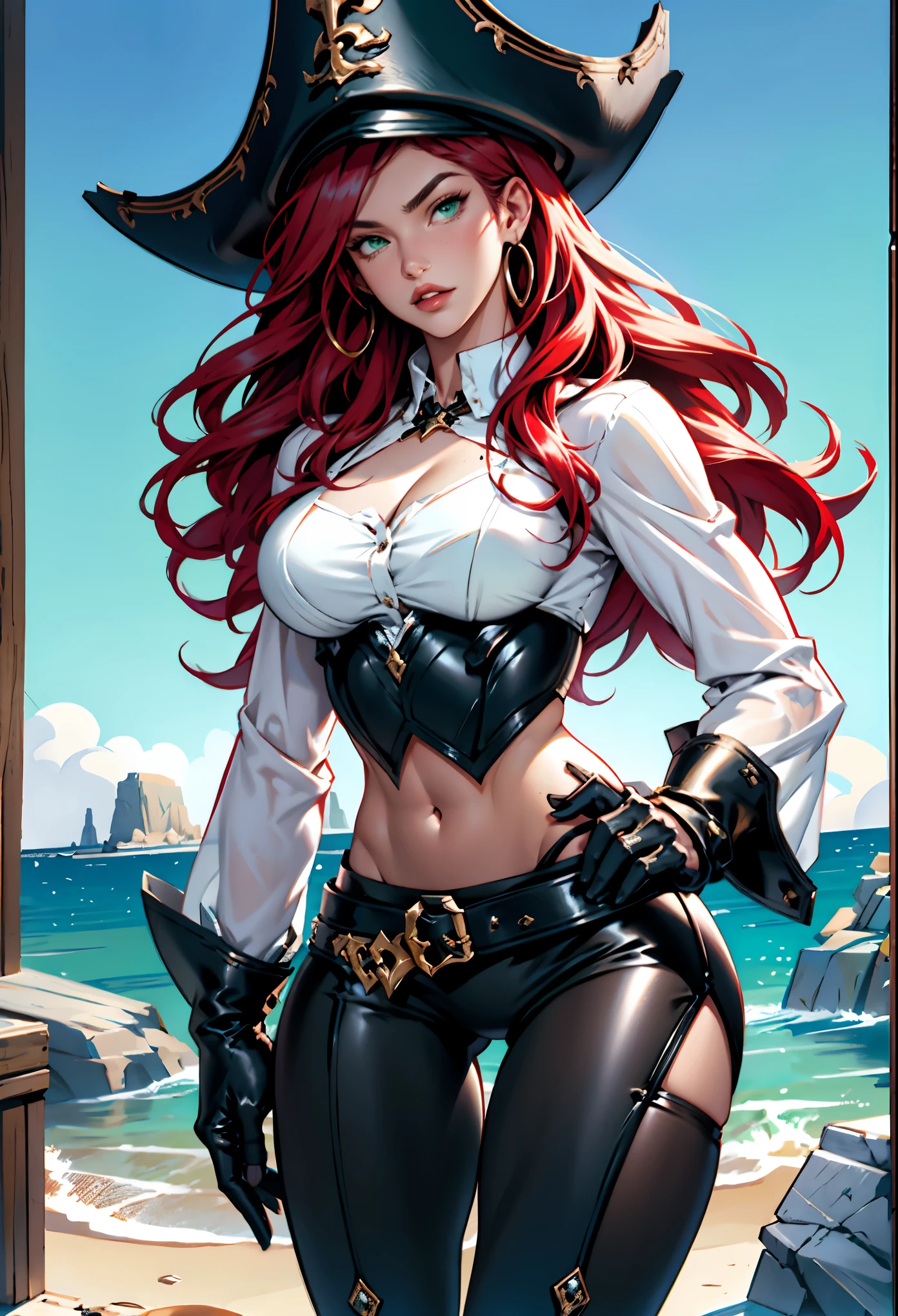 photorealistic, high resolution, 1women, shining skin,, pink lips, Miss Fortune from League of Legends, pirate woman with athletic body,(intimidating posing), pale skin, freckled skin, red hair, wavy hairstyle, green eyes, hourglass figure, muscular body, large breasts,, ( Simon Bisley's urban savage style for the cover of Heavy Metal magazine), pirate's hat, perfect hands:1.59, white front lace blouse, long sleeve, loose fit, brown leather corset, brown leather shorts, brown boots, sheathed cutlass sword, flintlock pistol in holster, hoop earrings,, cute face, long hair, pink hair, hat, ((slim girl, large breasts, hyperdetailed lips)), red lips, (thigh highs, shorts, boots, green eyes), navel, midriff, complex detailed background, barren land, rocks, ocean, nature environment, pirate ship,(perfect hands:1.5)