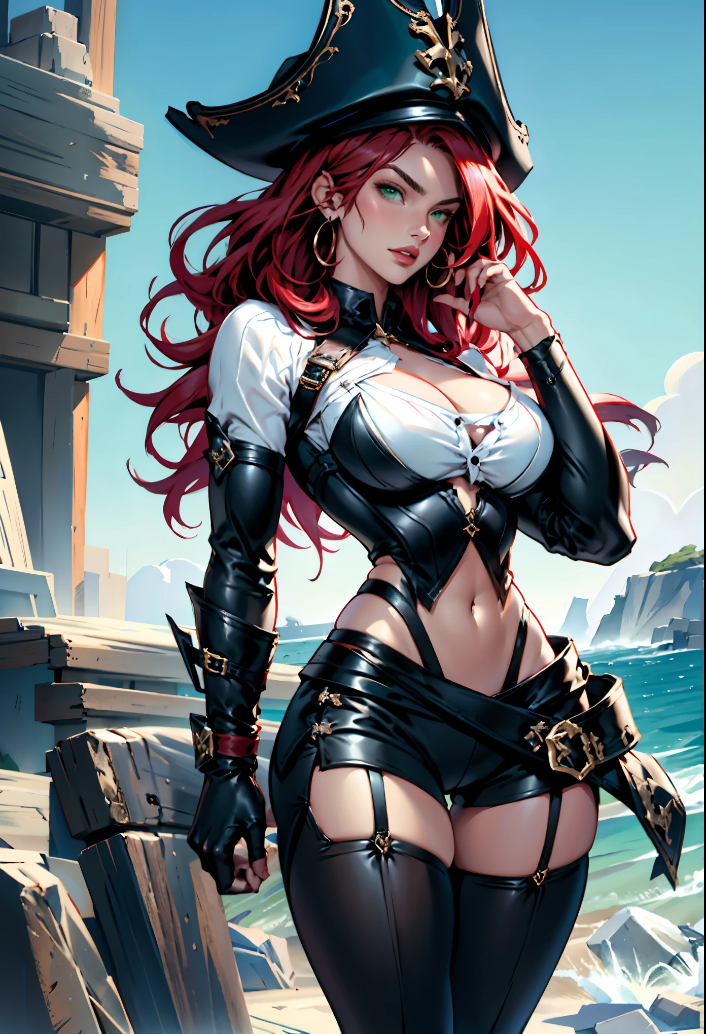 photorealistic, high resolution, 1women, shining skin,, pink lips, Miss Fortune from League of Legends, pirate woman with athletic body,(intimidating posing), pale skin, freckled skin, red hair, wavy hairstyle, green eyes, hourglass figure, muscular body, large breasts,, ( Simon Bisley's urban savage style for the cover of Heavy Metal magazine), pirate's hat, perfect hands:1.59, white front lace blouse, long sleeve, loose fit, brown leather corset, brown leather shorts, brown boots, sheathed cutlass sword, flintlock pistol in holster, hoop earrings,, cute face, long hair, pink hair, hat, ((slim girl, large breasts, hyperdetailed lips)), red lips, (thigh highs, shorts, boots, green eyes), navel, midriff, complex detailed background, barren land, rocks, ocean, nature environment, pirate ship,(perfect hands:1.5)