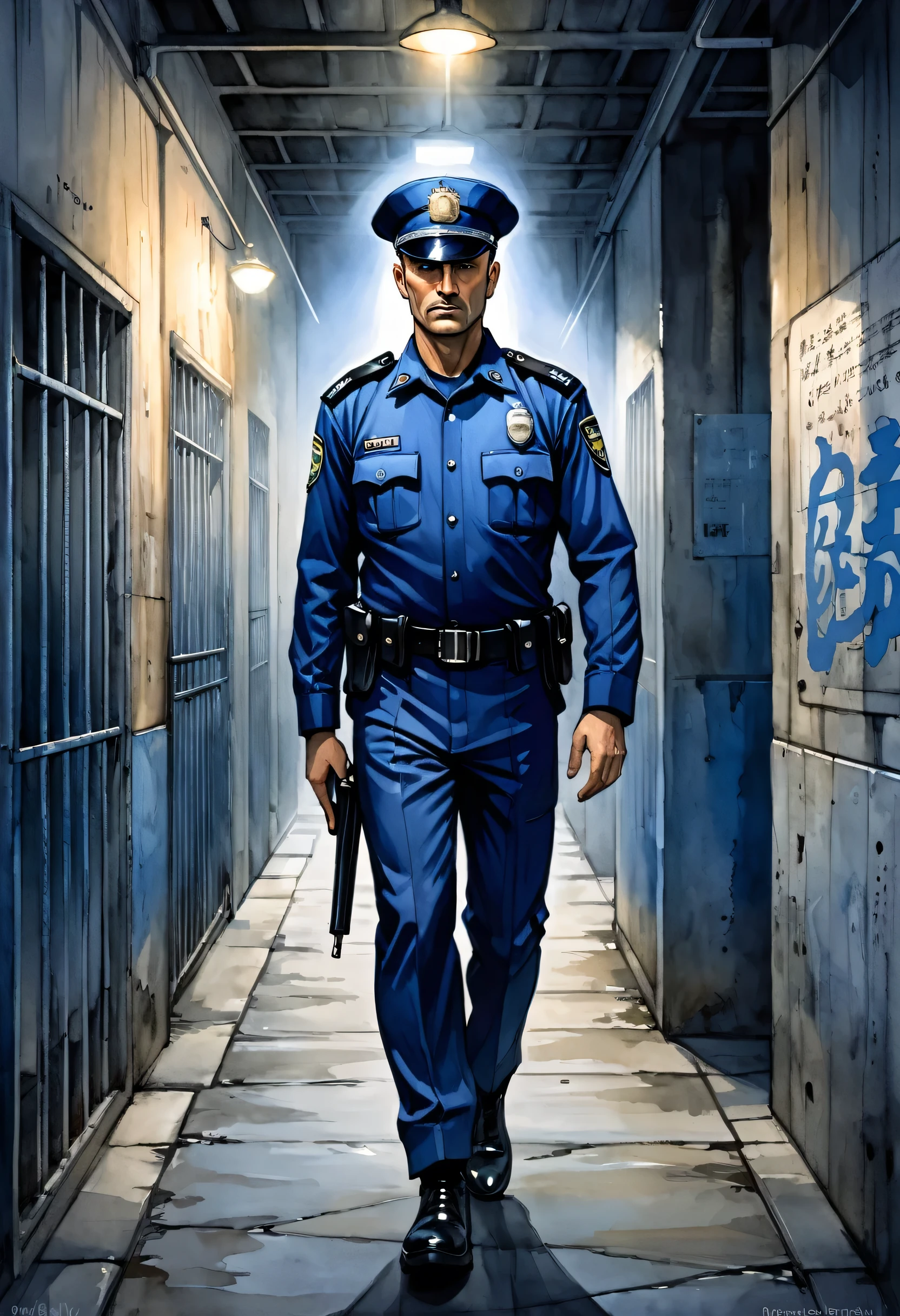 Masterpiece, ultra detailed, illustration, solo, 1man, policeman, wearing blue police uniform, art by Enki Bilal, watercolor, DeviantArt, high resolution, cellblock_v1, walking, serious, night, dark, old néon, grunge 