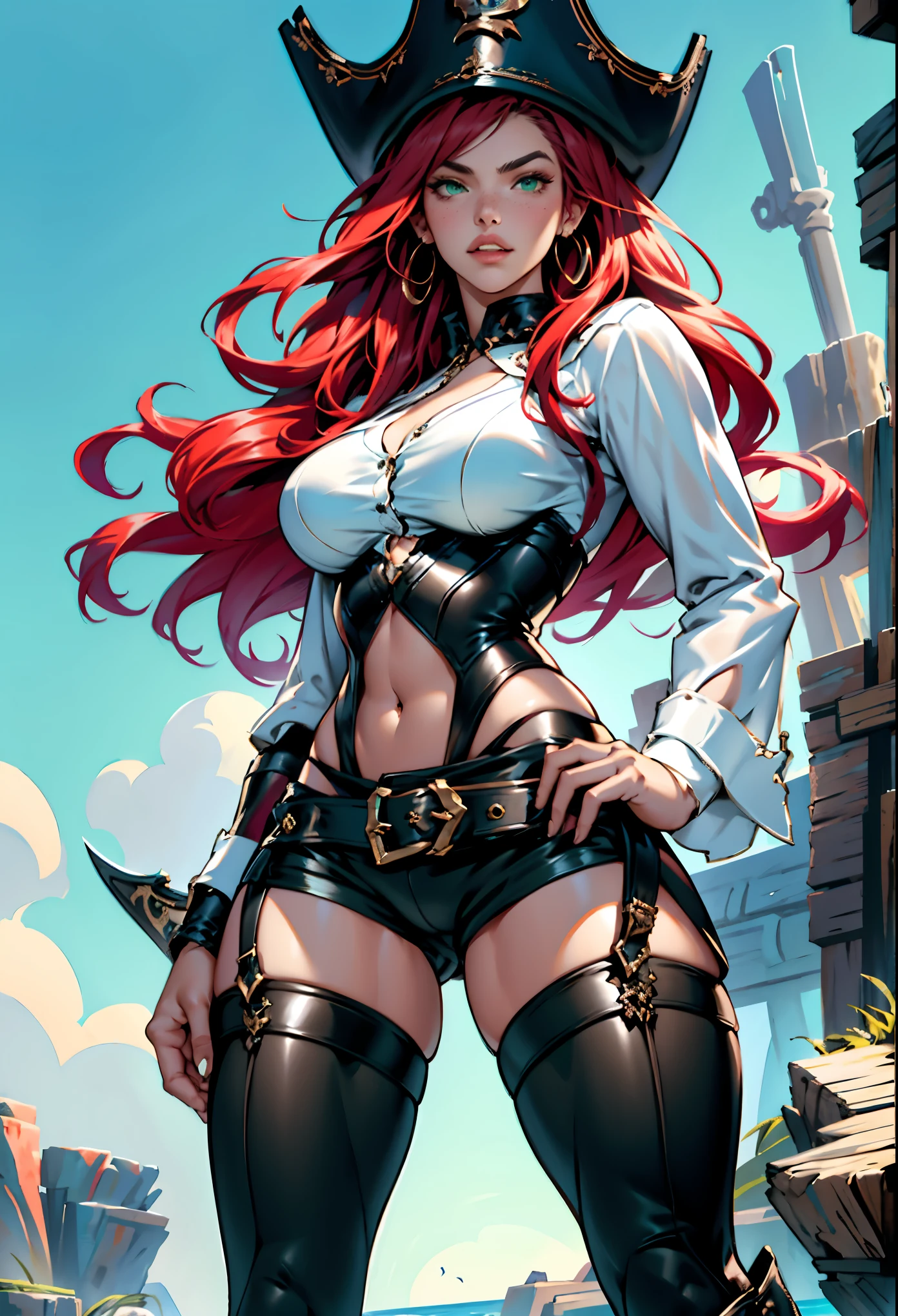 photorealistic, high resolution, 1women, shining skin,, pink lips, Miss Fortune from League of Legends, pirate woman with athletic body,(intimidating posing), pale skin, freckled skin, red hair, wavy hairstyle, green eyes, hourglass figure, muscular body, large breasts,, ( Simon Bisley's urban savage style for the cover of Heavy Metal magazine), pirate's hat, perfect hands:1.59, white front lace blouse, long sleeve, loose fit, brown leather corset, brown leather shorts, brown boots, sheathed cutlass sword, flintlock pistol in holster, hoop earrings,, cute face, long hair, pink hair, hat, ((slim girl, large breasts, hyperdetailed lips)), red lips, (thigh highs, shorts, boots, green eyes), navel, midriff, complex detailed background, barren land, rocks, ocean, nature environment, pirate ship,(perfect hands:1.5)