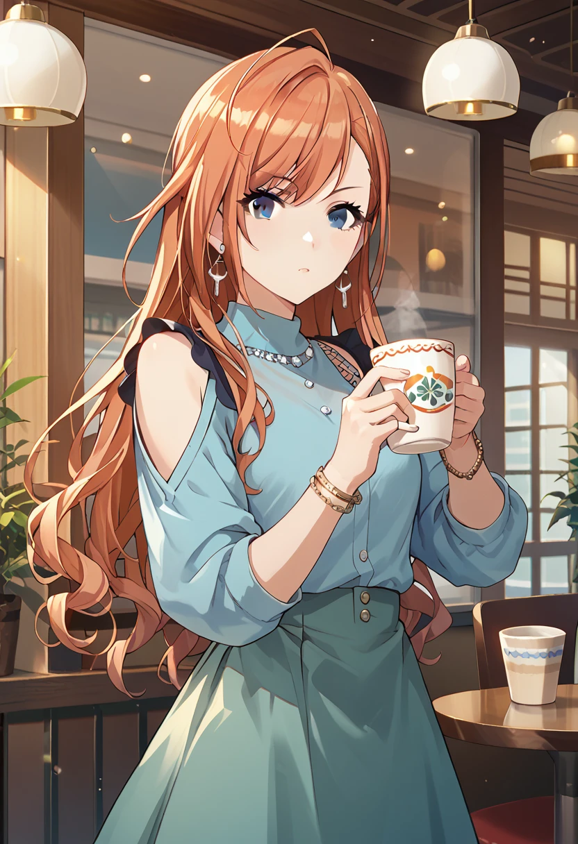 score_9, score_8_up, score_7_up, source_anime, arisugawa natsuha, long hair, orange hair, grey eyes, 1girl, solo, jewelry, skirt, looking at viewer, earrings, shirt, cup, bracelet, ahoge, shoulder cutout, blue shirt, holding cup, clothing cutout