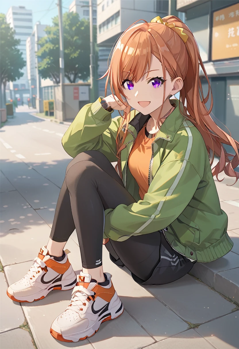 score_9, score_8_up, score_7_up, source_anime, arisugawa natsuha, long hair, orange hair, grey eyes, 1girl, solo, jacket, looking at viewer, open mouth, smile, outdoors, shoes, leggings, ponytail, shorts, sneakers, watch, long sleeves