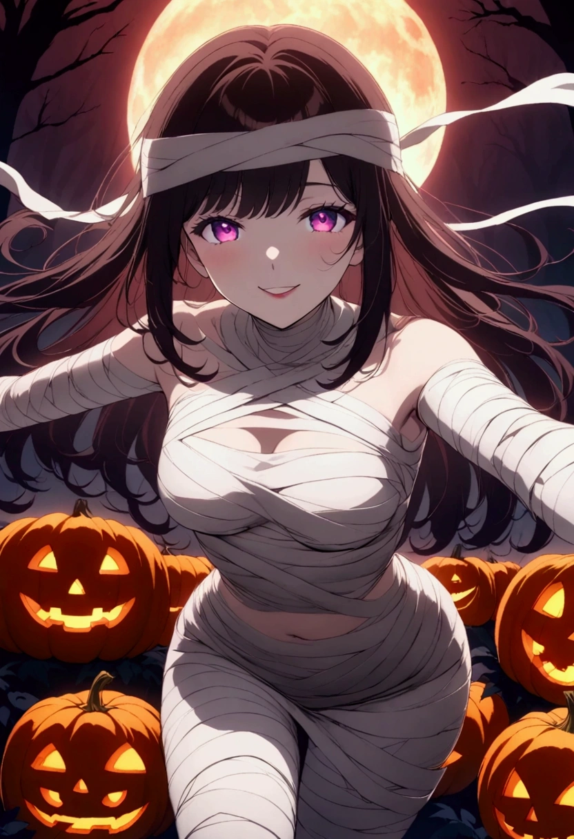 hinata " anime-style illustration ,  of a young woman with long, dark hair , bright black ,  and luminous violet eyes .  Her expression is friendly and attractive ,  with a slight smile and direct look .  The woman wears a mummy costume made of white bandages that cover her body in a sensual way ,  leaving strategic parts ,  uncovered, especially in the abdomen and legs .  The bandages also wrap around her head and arms ,  scene with some locks of hair falling over her shoulders .  She is in a Halloween night environment in a forest with dark trees and a bright full moon in the background,  which provides a mysterious air .  Around her are pumpkins carved with expressions of smile ,  internally illuminated ,  that create a contrast of warm light on the woman's skin .  The image has a detailed and brilliant style ,  with an emphasis on light reflections on the skin ,  achieving a smooth, polished effect throughout the . 

