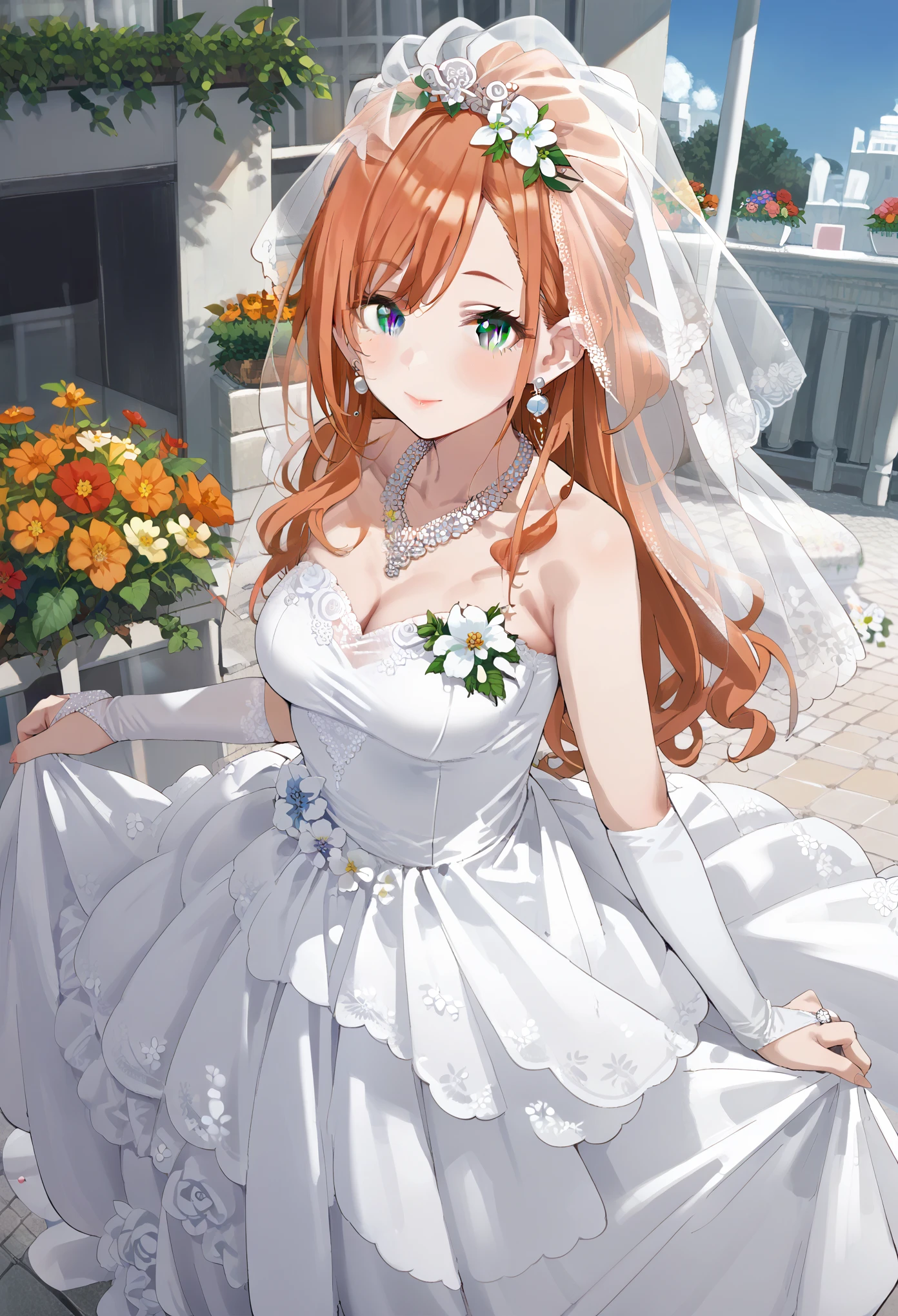 score_9, score_8_up, score_7_up, source_anime, arisugawa natsuha, long hair, orange hair, grey eyes, 1girl, dress, wedding dress, jewelry, veil, bridal veil, earrings, white dress, necklace, flower, solo, looking at viewer, outdoors, bridal gauntlets