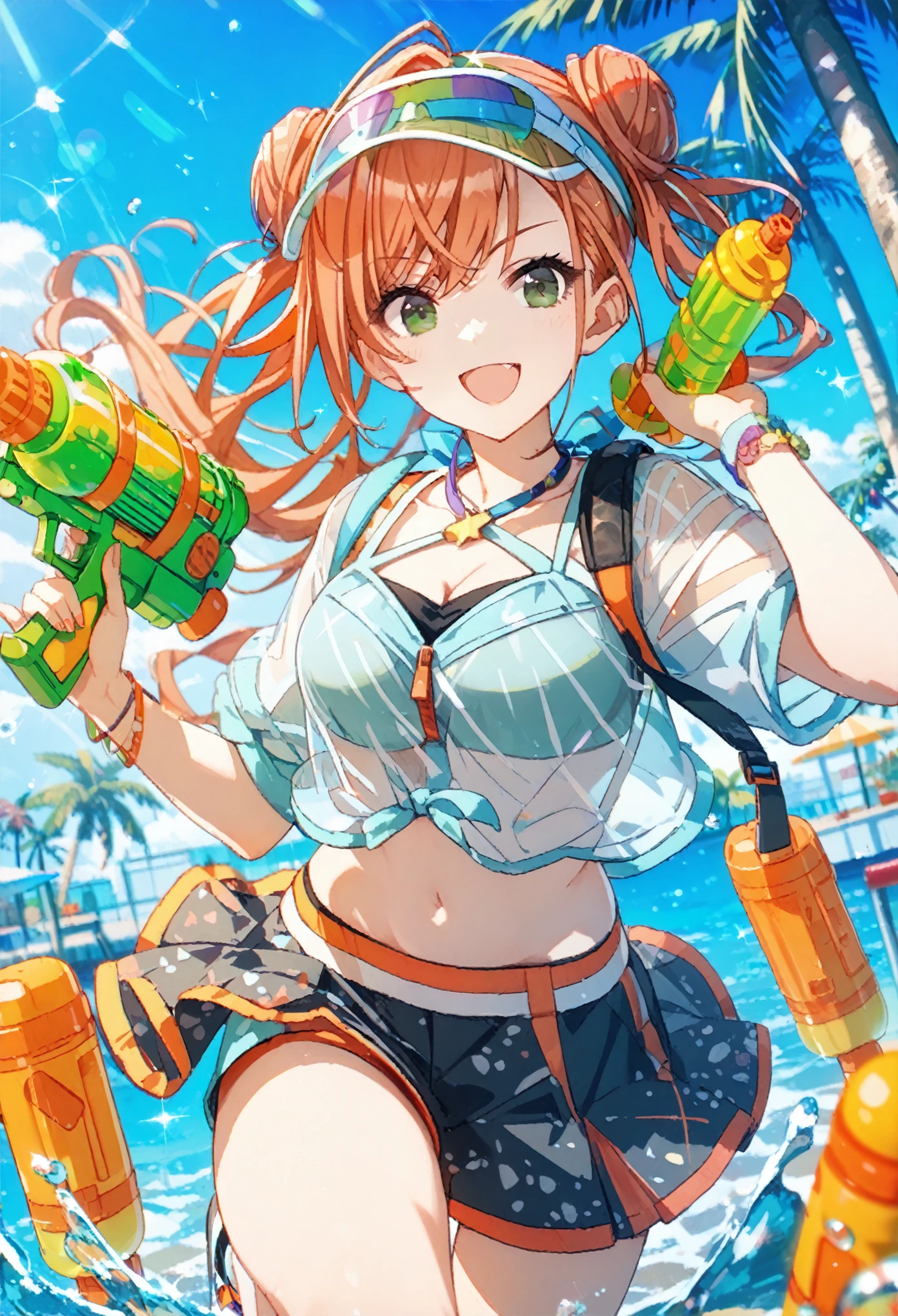 score_9, score_8_up, score_7_up, source_anime, arisugawa natsuha, long hair, orange hair, grey eyes, gray eyes, water gun, 1girl, hair bun, navel, visor cap, smile, double bun, cleavage, palm tree, open mouth, black eyes, skirt, shorts