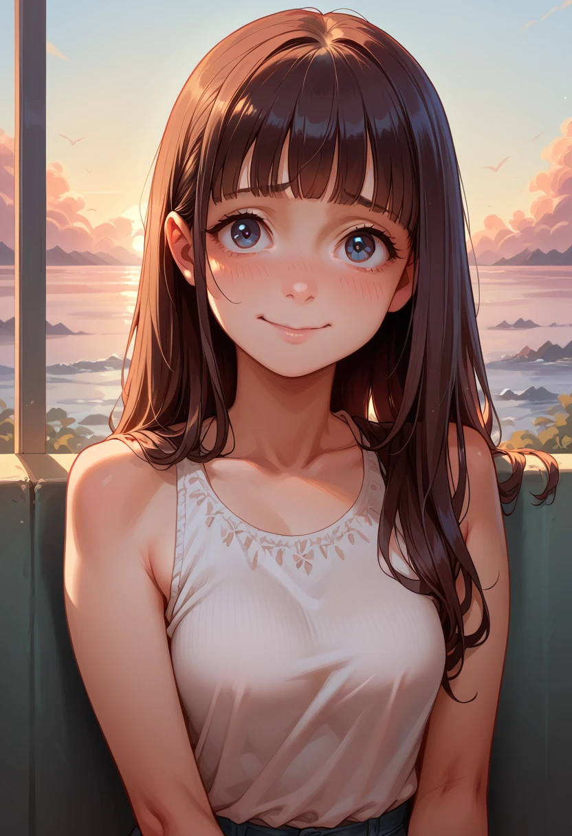 A loli teen girl watching the sunrise wearing casual clothes, long hair with a fringe, detailed nervous face, smile, shy girl, normal breasts, detailed beautiful body, thin body,