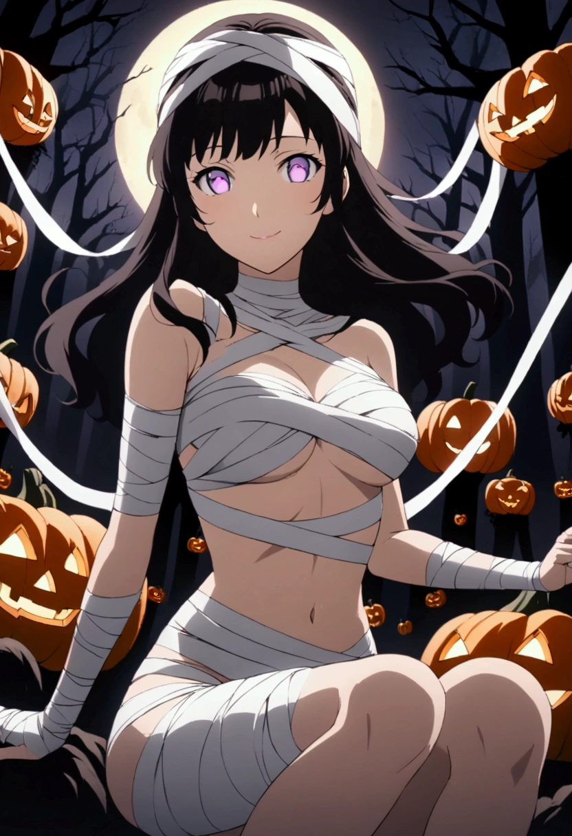 hinata " anime-style illustration ,  of a young woman with long, dark hair , bright black ,  and luminous violet eyes .  Her expression is friendly and attractive ,  with a slight smile and direct look .  The woman wears a mummy costume made of white bandages that cover her body in a sensual way ,  leaving strategic parts ,  uncovered, especially in the abdomen and legs .  The bandages also wrap around her head and arms ,  scene with some locks of hair falling over her shoulders .  She is in a Halloween night environment in a forest with dark trees and a bright full moon in the background,  which provides a mysterious air .  Around her are pumpkins carved with expressions of smile ,  internally illuminated ,  that create a contrast of warm light on the woman's skin .  The image has a detailed and brilliant style ,  with an emphasis on light reflections on the skin ,  achieving a smooth, polished effect throughout the . 

