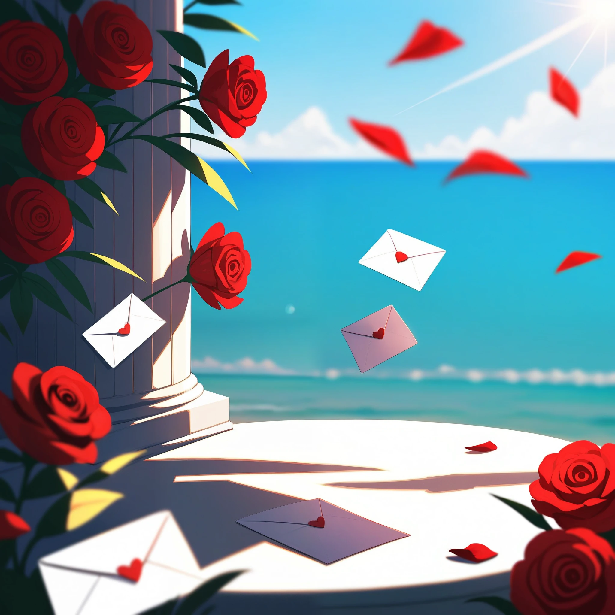 score_9, score_8_up, score_7_up, score_6_up, score_5_up, score_4_up, source_anime, (anime), scenery, items photo, a red rose and a love letter lie on table