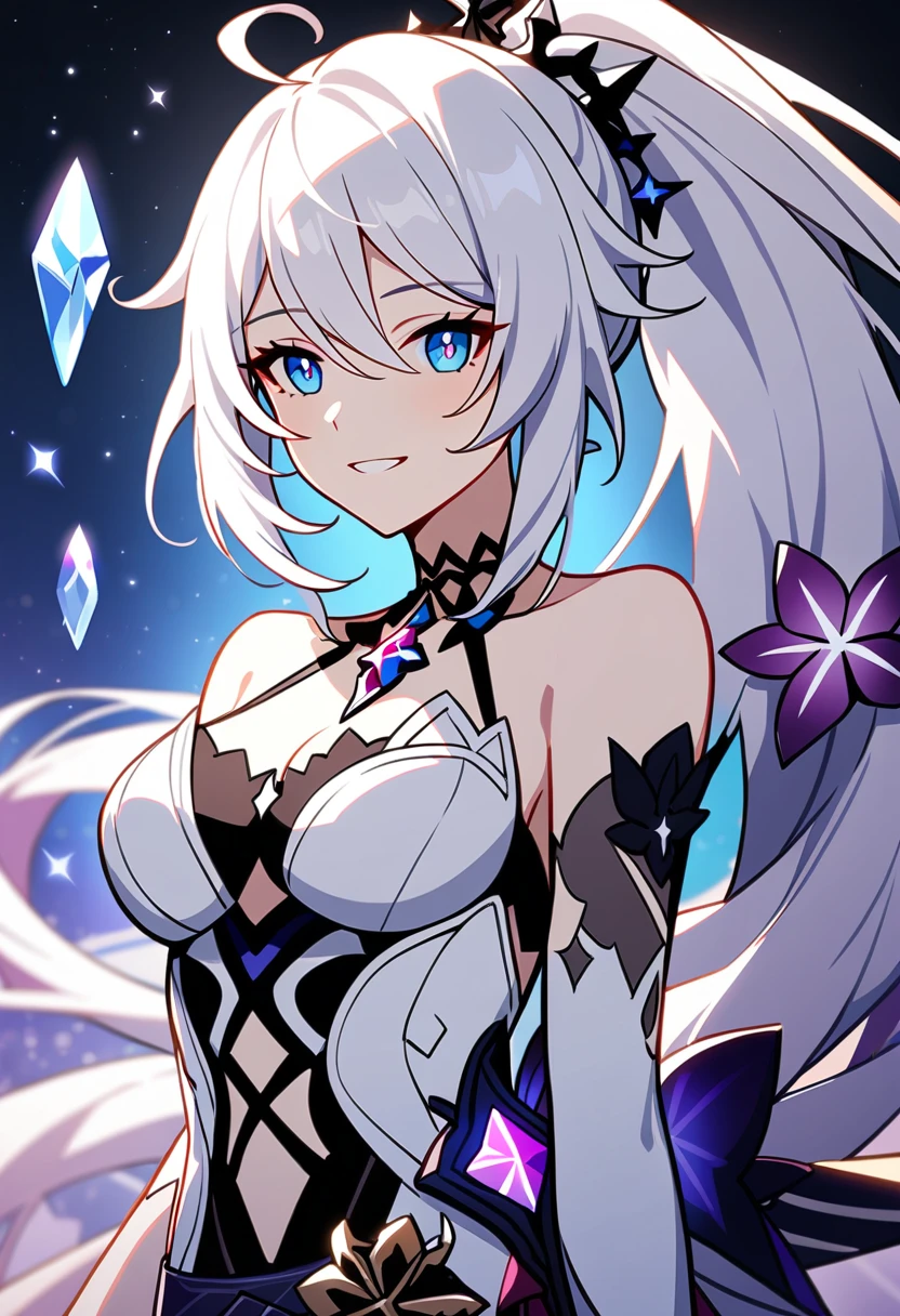 1girl, Kiana Kaslana \(Herrscher of Finality)\, Honkai Impact 3rd, ponytail, smile, ultra-detailed, 8k, masterpiece, cinematic, volumetric lighting, dramatic lighting, highly detailed face, beautiful detailed eyes, extremely detailed face, extremely detailed eyes, intricate details, striking pose, dynamic composition, vibrant colors, ambient occlusion, ray tracing, global illumination