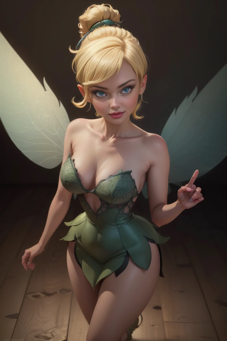 (Tinker Waifu:1), smile, (sexy, naughty pose), cute, like face, looking at the viewer, Expressive eyes, big breasts, neckline, single hair bun, short hair, (Green strapless dress:1), (fairy wings), (Focus on breasts:1.2), (Julius Zimmerman Style), from above, (realist:1.2), (Realism), (masterpiece:1.2), (Best Quality), (ultra detailed), (8k, 4k, Intricate), (Full body photo:1), (cowboy shot:1.2), (85mm), light particles, switched on, (Very detailed:1.2), (detailed face:1.2), (gradients), striking, (detailed eyes:1.2), (detailed background), detailed landscape, (dynamic angle:1.2), (dynamic pose:1.2), (Third rule_Composition:1.3), (Line of action:1.2), light, alone, sexy, show skin