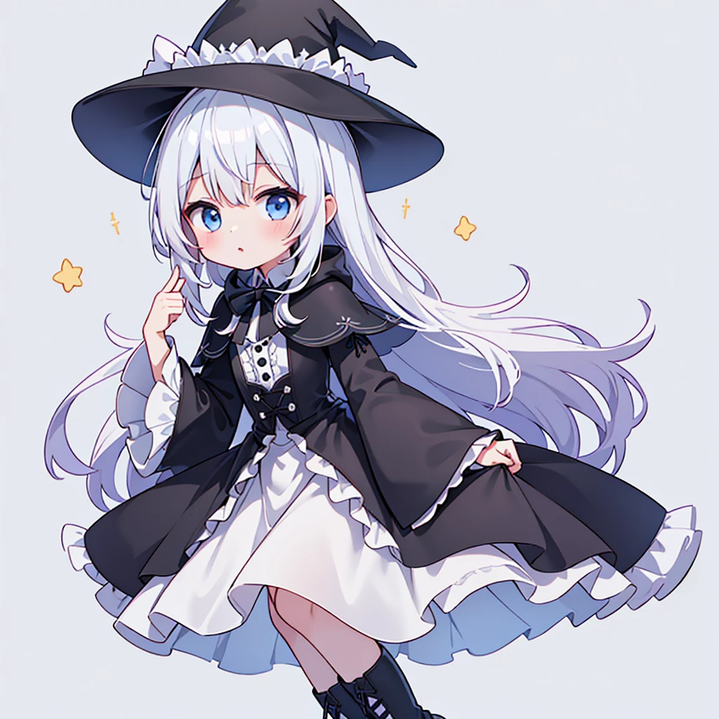 1girl,Chibi、cute、(( masterpiece, Best Quality)),  best detail 、Handsome face、Baby Face、 character sheet , full body,  blue eyes 、Milky white hair color、 long hair、The loose double tie 、 lace-up thick bottom long boots 、 jet black hooded long cloak 、 cape hem torn off 、 black star button on the neck 、 sleeves are very wide and have frills、Bell Sleeves、 Witch hat with wide brim and frills 、 Purple High Waist Switchable Skirt in Velvet Fabric、Fabric with pure white interior 、 small angel wings growing from the waist 、Simple Background、