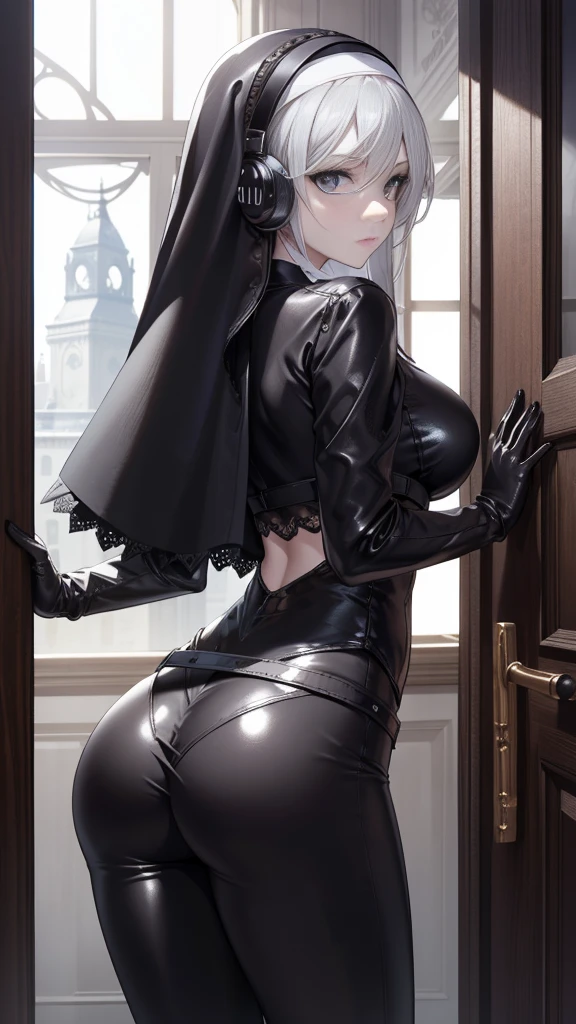 Striped hair, french braid, mismatched pupils, Chiaroscuro, back lit lighting, Gothic art, 16k, Best quality, Anatomically correct, High details，lewd nun，Leather bandages，Metal chains，huge tit，(Cocked buttocks)，lacepantyhose