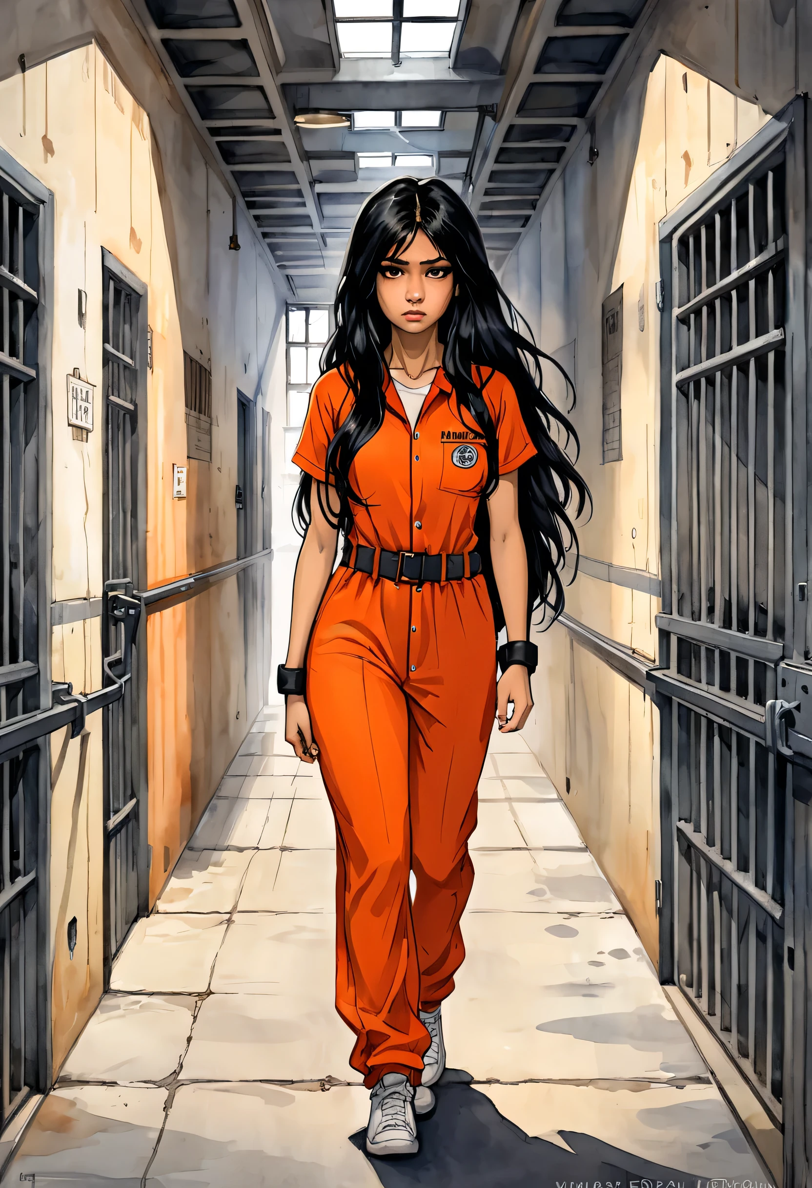 Masterpiece, ultra detailed, illustration, solo, 1girl, jenna_ortega_v4, Latina, long hair, black hair, thin and athletic, black eyes, wearing orange jumpsuit, art by Enki Bilal, watercolor, DeviantArt, high resolution, cellblock_v1, walking, hands together, handcuffed, transport belt, sad, arms behind, daak, old néon, grunge 