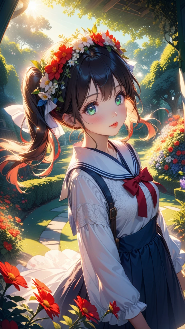 1girl, solo, twintails, cute, adorable, beautiful detailed eyes, beautiful detailed lips,  detailed face, longeyelashes, detailed intricate dress, flower crown, standing in a lush garden, vibrant colors, soft lighting,, highres, detailed, masterpiece, cinematic lighting, school uniform 