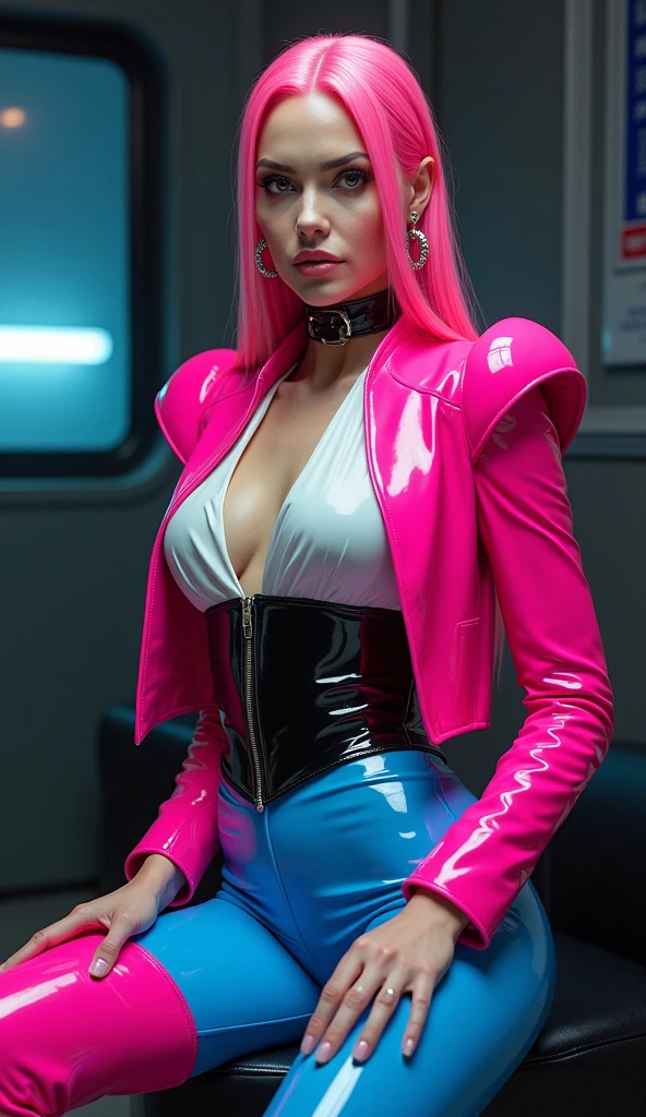 (photorealistic:1.4),best quality, ultra high res, 4k, instagram, higly detailed, ((SFW)) ((( Margo Robbie))),(pink full bodysuit:1.4),animal ears, (fake animal ears:1.2), gloves, headphones, headset, (red jacket:1.5),(latex full bodysuit:1.3),(pink latex bodysuit:1.2), pink eyes,(twintails:1.2), white gloves, (white hair:1.3), VirtualGirl-Aim, medium breasts, crystal pendant, smile, cyber punk background,