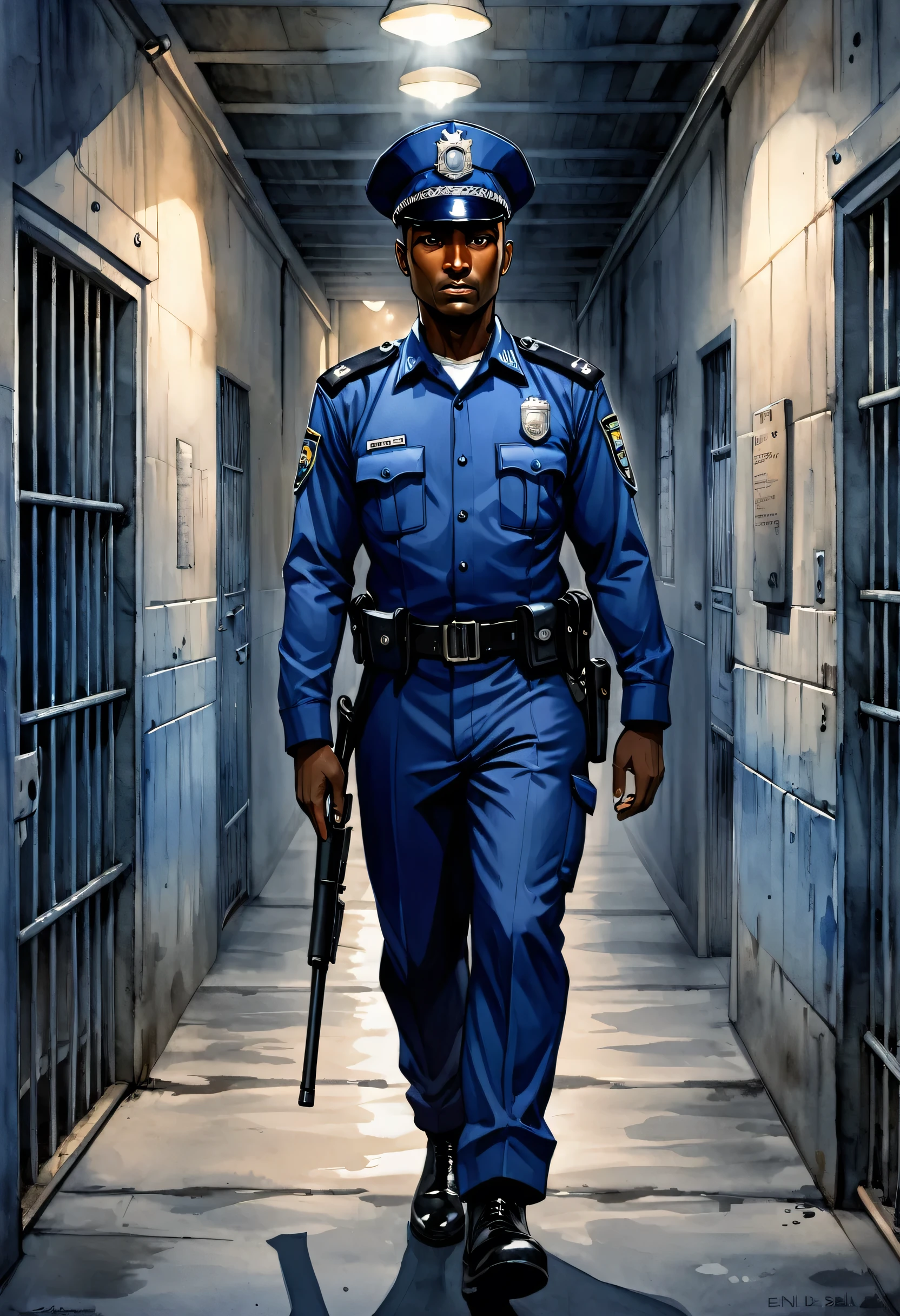 Masterpiece, ultra detailed, illustration, solo, 1man, dark skin, policeman, wearing blue police uniform, art by Enki Bilal, watercolor, DeviantArt, high resolution, cellblock_v1, walking, serious, night, dark, old néon, grunge 