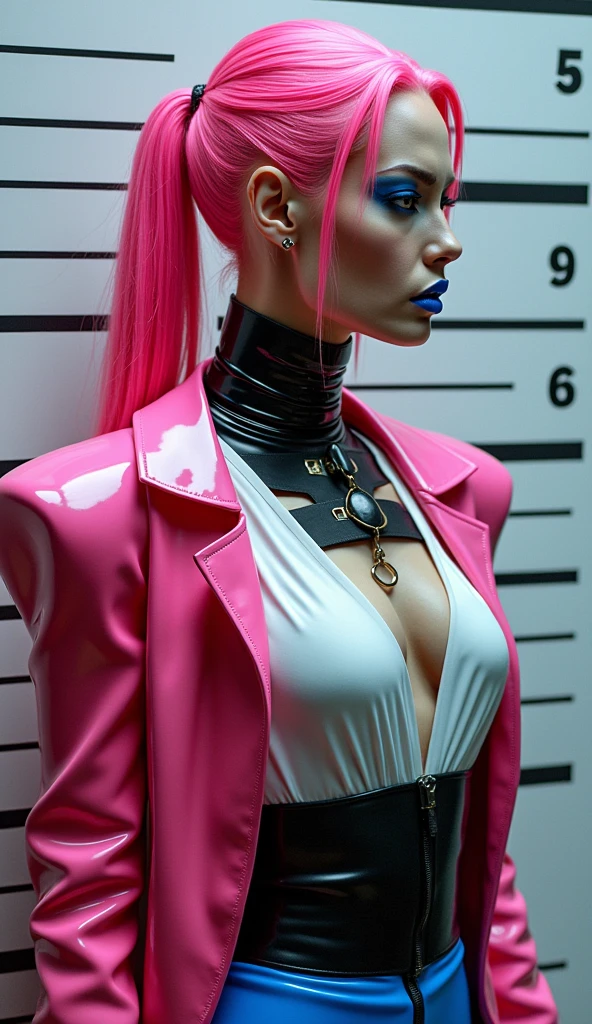 angelina jolie, vue de profil, latex brillant, dominatrice, chemisier en latex blanc, serre taille latex noir, costume pantalon en latex bleu, ceinture latex noir, futuriste veste courte en latex rose fluo, larges épaulettes en latex rose fluo, cuissardes en vinyle rose fluo, cheveu raide arriere rose fluo, boucles d'oreilles à anneaux, très large collier bande latex noir qui recouvre tout le coup et la gorge avec anneau métallique, visage mechant sévère, regard mauvais, bouche bleue électrique, bouche ouverte. Anneau métallique lèvre inférieure bouche. Fonds de police. visage levé.