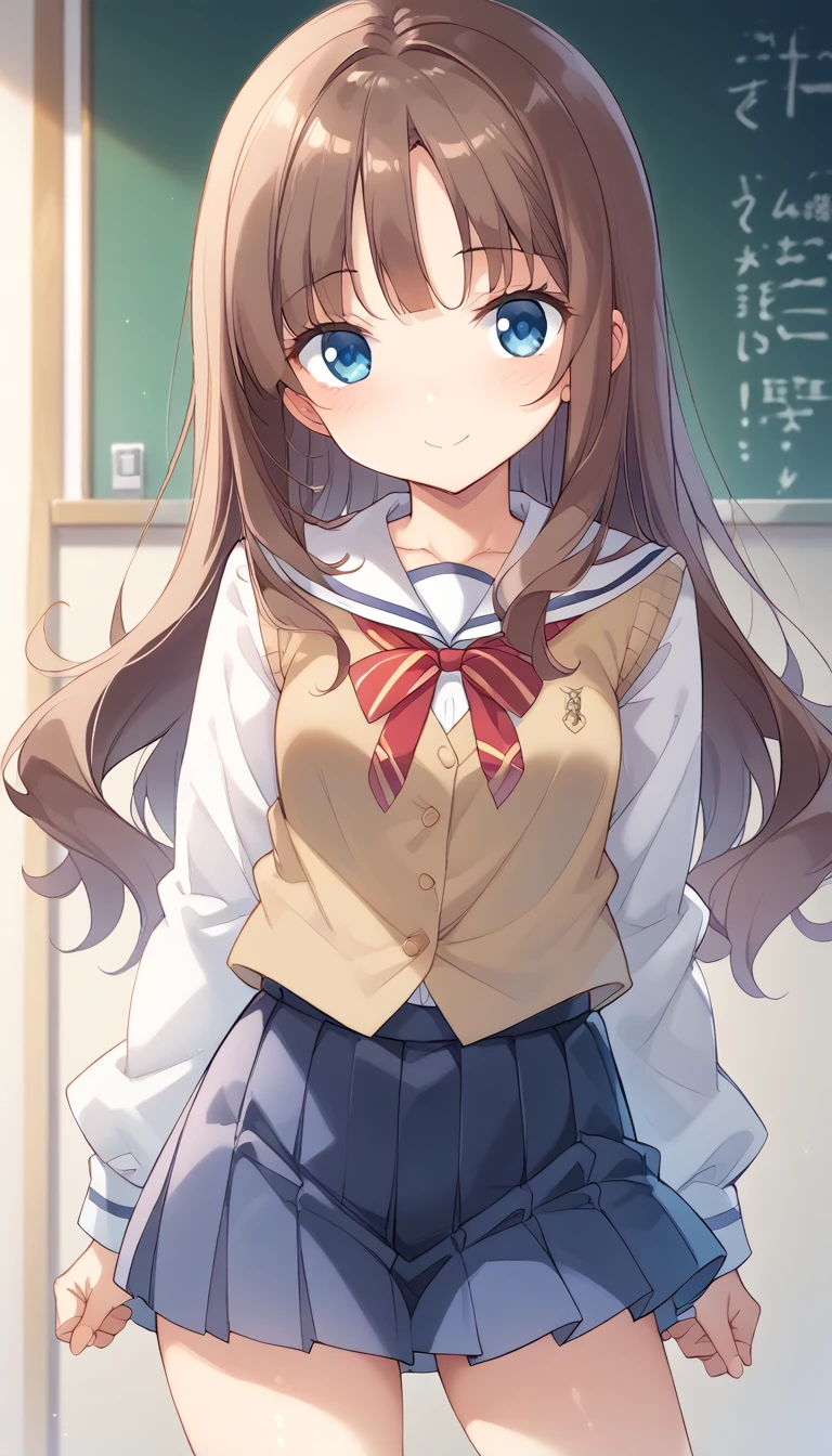 cute魅力的なYoung少女、 **************************、Young、 magic maiden 、 ((( ultra high resolution、 Ultra High Definition、 Ultra HD、Highest Settings、８k、)))、Small breasts、clear、cute、 small breasts、 skirt flip:1.2、whole body、４k、((( school uniform、 Cardigans 、 pleated skirt、)))、(CG Art)、 shiny, delicate and beautiful brown hair、 long hair、 beautiful blue eyes with great attention to detail、Beautiful clean skin、Happy expression、realskin、