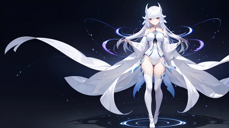  masterpiece , Beautiful Void Goddess,  is standing in white transparent clothes all over her body under an empty night sky, Disappearing transparent pants , Full body standing, Tall, , slender legs , Facial details, Detailed body parts, 8k wallpaper