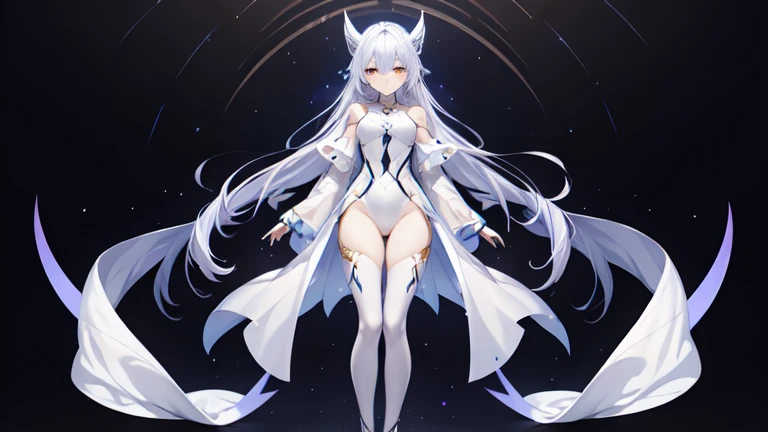  masterpiece , Beautiful Void Goddess,  is standing in white transparent clothes all over her body under an empty night sky, Disappearing transparent pants , Full body standing, Tall, , slender legs , Facial details, Detailed body parts, 8k wallpaper