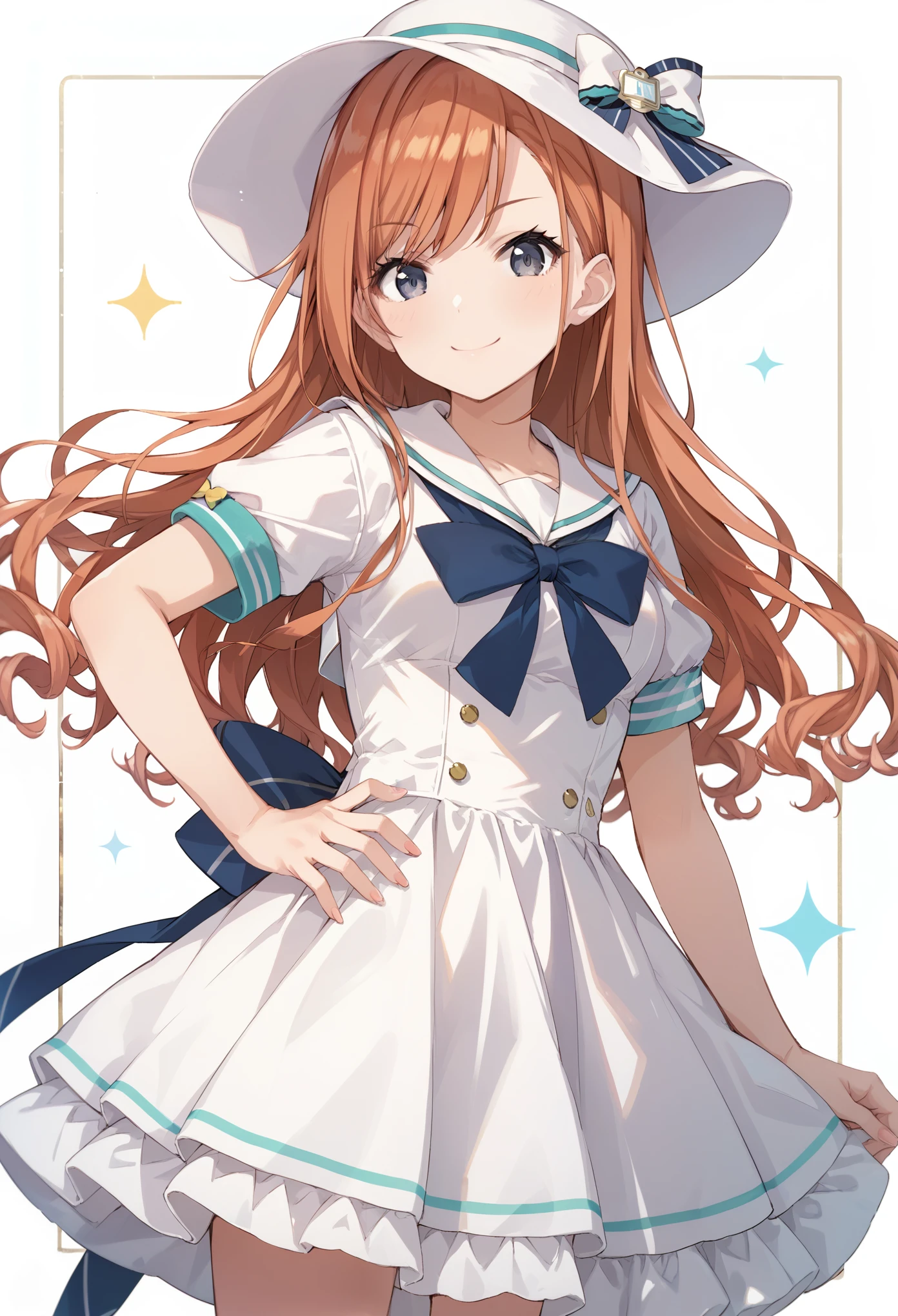 score_9, score_8_up, score_7_up, source_anime, arisugawa natsuha, long hair, orange hair, 1girl, solo, hat, smile, looking at viewer, short sleeves, sailor collar, white headwear, hand on hip, dress, bow, white dress