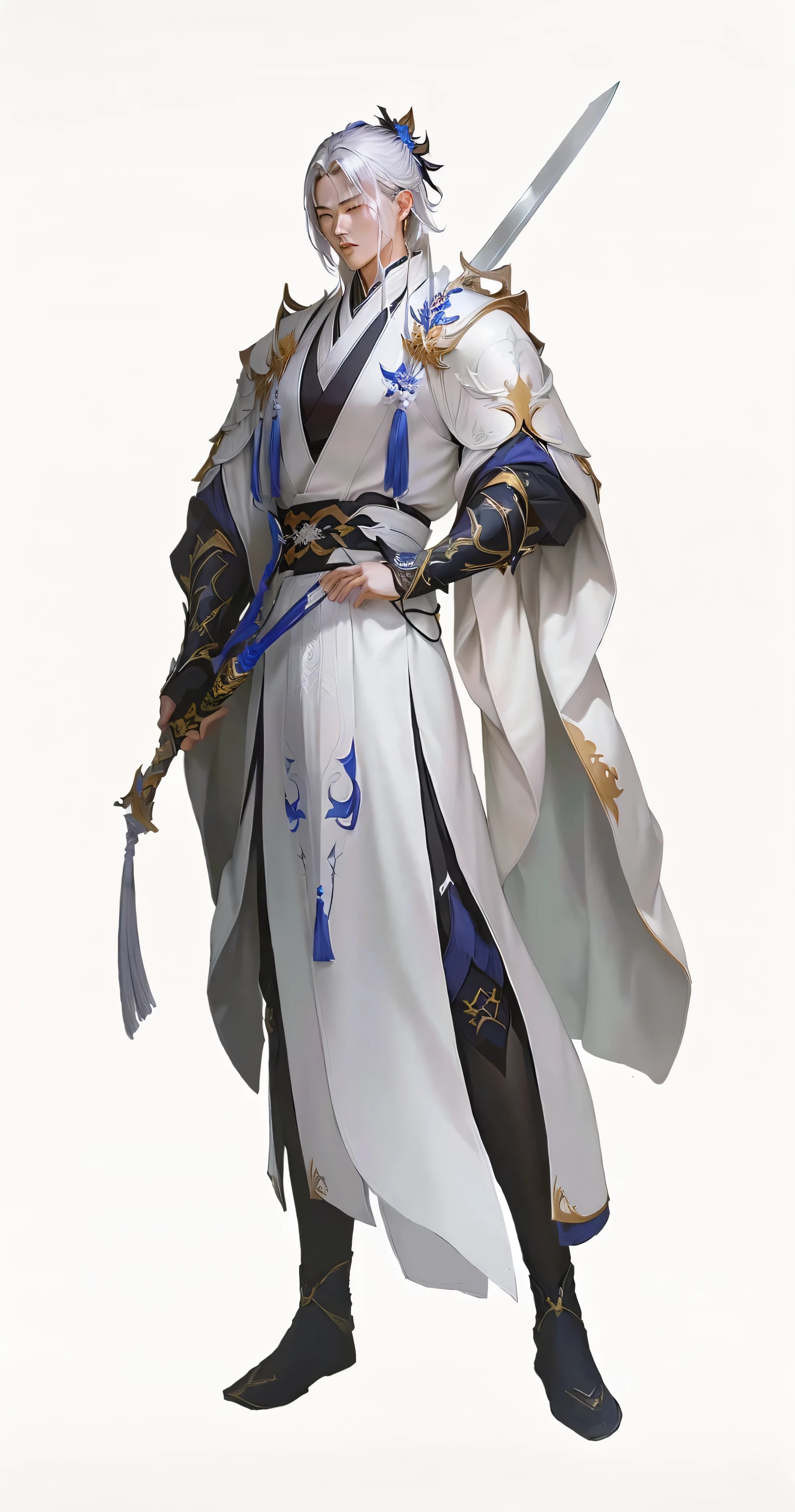   with a sword and white robe, Keqing in Genshin Impact,  Zhongli , heise jinyao, Inspired by Huang Shen , Close-up shot of a man in a stagnant mage robe  , Inspired by Zhao Yuan, Dressed like a priest, Genshin Impact Characters,  Thousand yards of gaze , author：The J, Inspired by Hong Ren