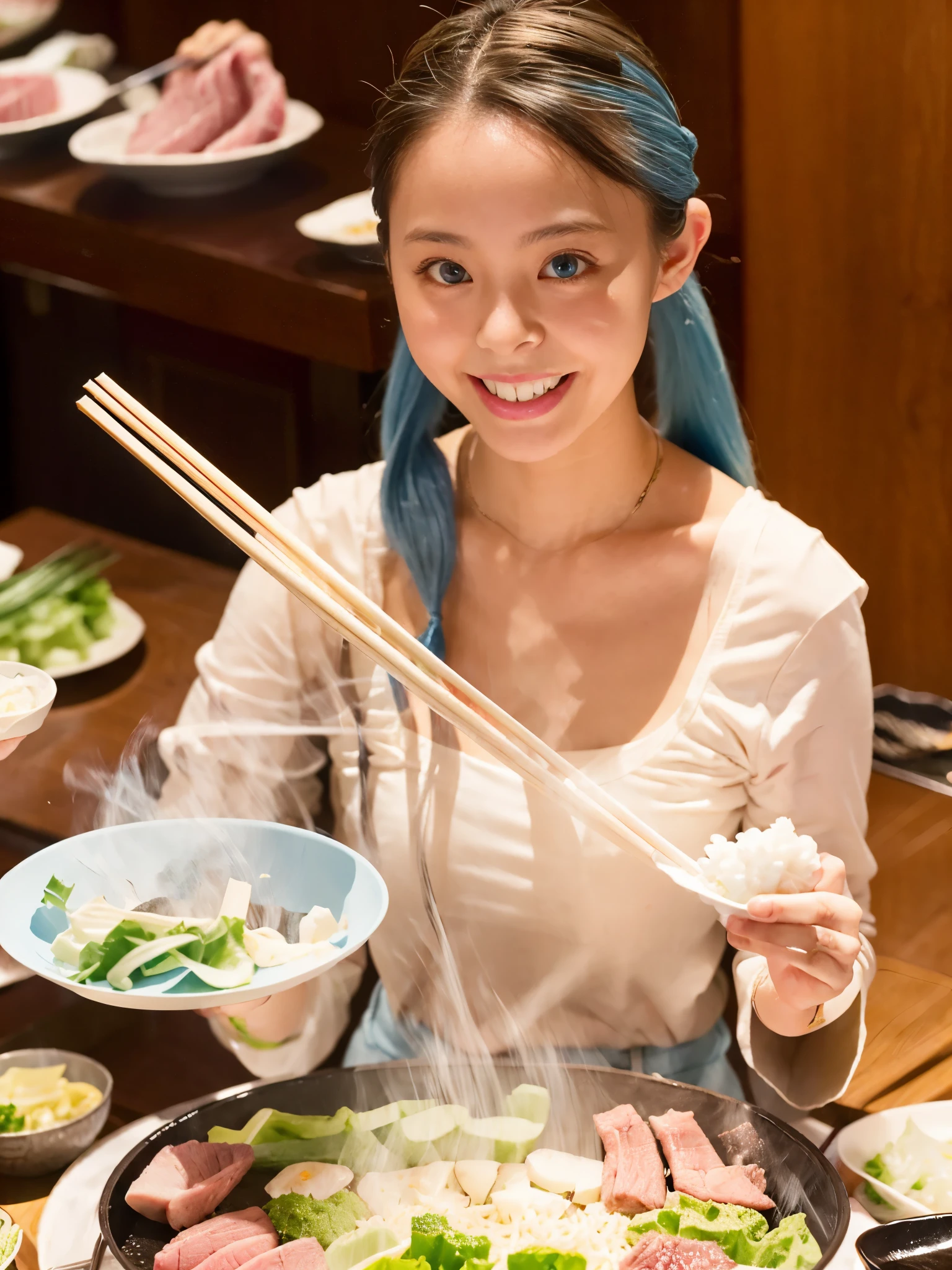   I put my finger on my long light blue hair、A cute girl with pigtails. 、  medium chest、 I eat delicious yakiniku 、salad、Cooked rice 、RAW、 I eat food with chopsticks 、「 when I eat out 、 I bring chopsticks 」
