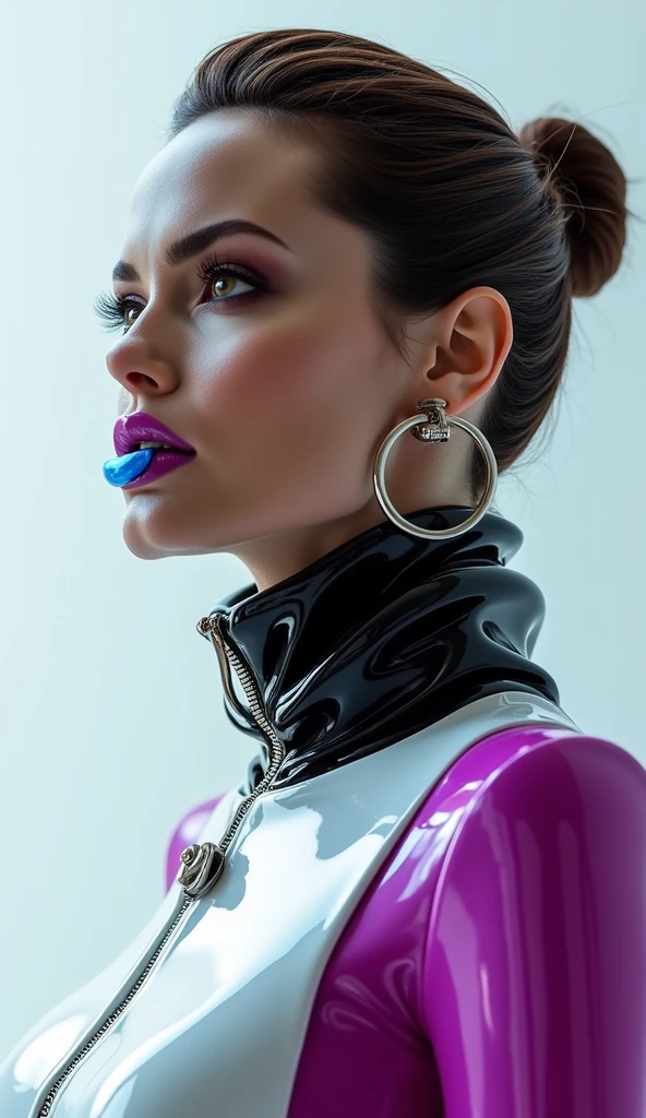 araffe woman in black latex blowing a bubble with a pink gum, blowing bubblegum, bubble gum, bubblegum face, glossy lips, pink lips, delicate pale pink lips, bubblegum pop, sexy lips, bubblegum body, smooth pink skin, thin light pink lips, bubblegum, wlop glossy skin, inspired by Hedi Xandt, wearing a black catsuit