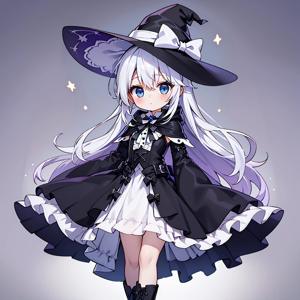 1girl,Chibi、cute、、(( masterpiece, Best Quality)),  best detail 、 slender、Handsome face、Baby Faceer sheet , full body,  blue eyes 、Milky white hair color、 long hair、The loose double tie 、 lace-up thick bottom long boots 、 jet black hooded long cloak 、 cape hem torn off 、 black star button on the neck 、 sleeves are very wide and have frills、Bell Sleeves、 Witch hat with wide brim and frills 、 Purple High Waist Switchable Skirt in Velvet Fabric、Fabric with pure white interior 、 small angel wings growing from the waist 、Simple Background、Purple Palette 、